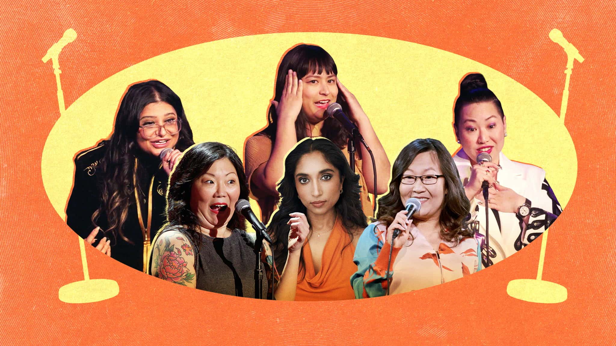 Six Asian women stand or sit in front of microphones, smiling or speaking, against a yellow and orange background with illustrated microphones on both sides, showcasing the vibrant world of Asian women comedy.