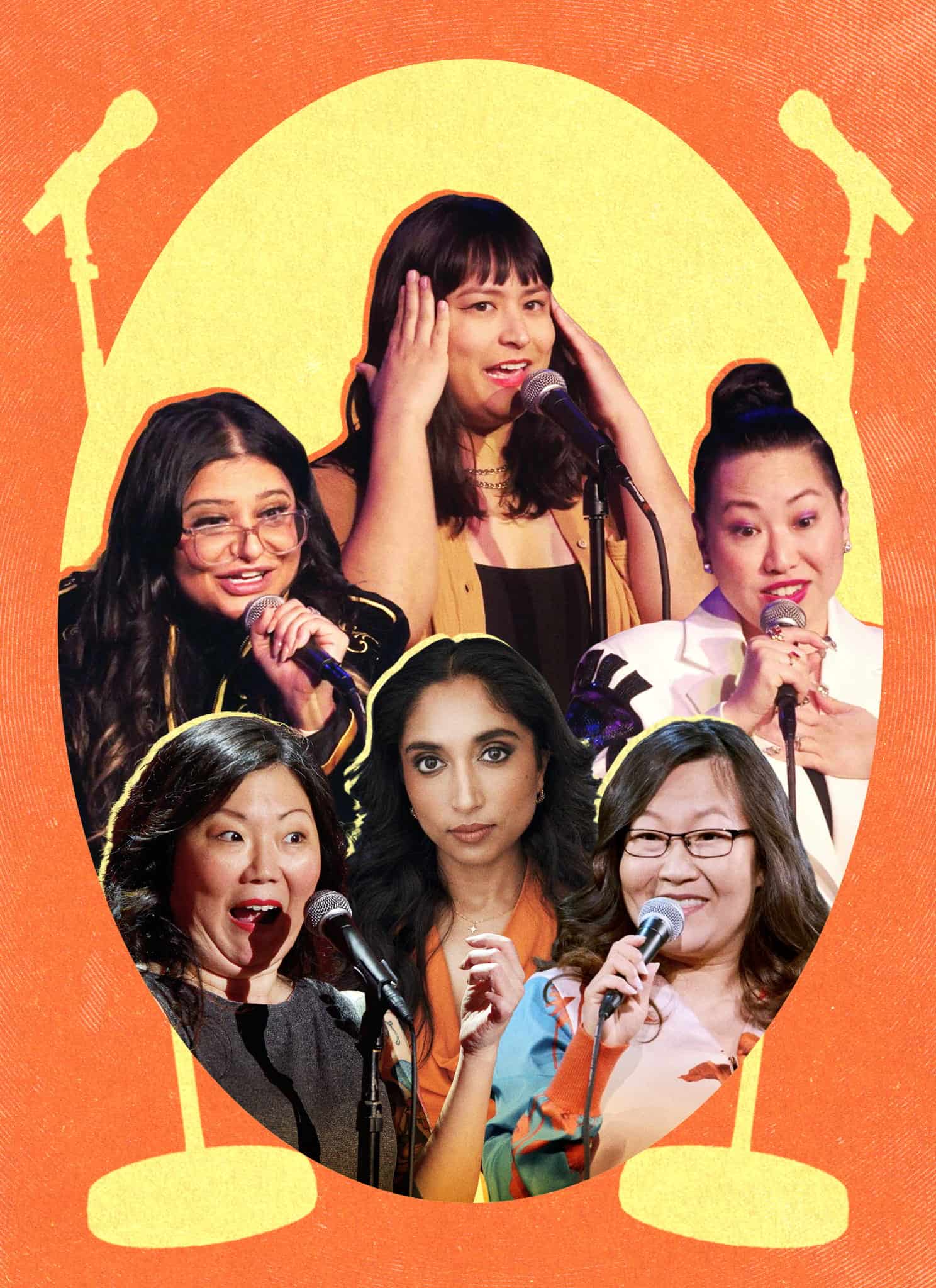 Six Asian women stand or sit in front of microphones, smiling or speaking, against a yellow and orange background with illustrated microphones on both sides, showcasing the vibrant world of Asian women comedy.