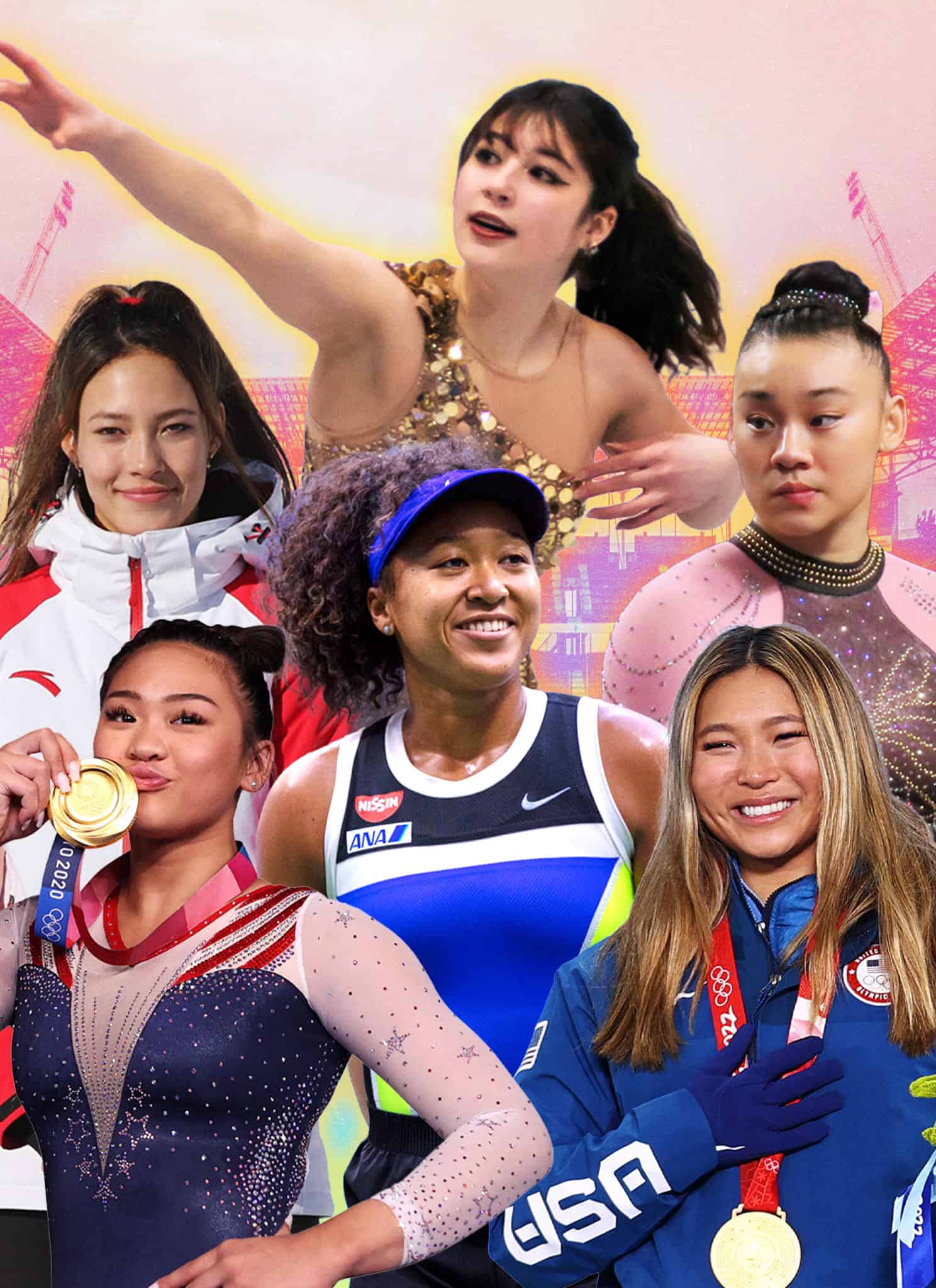 Six female athletes pose confidently in front of a colorful stadium background, some smiling and holding medals or flowers, representing different sports and countries.