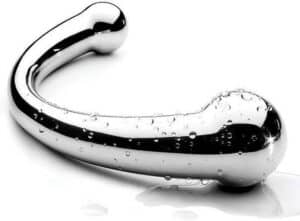 A curved, shiny metal object with rounded ends and water droplets on its surface, placed on a white background.