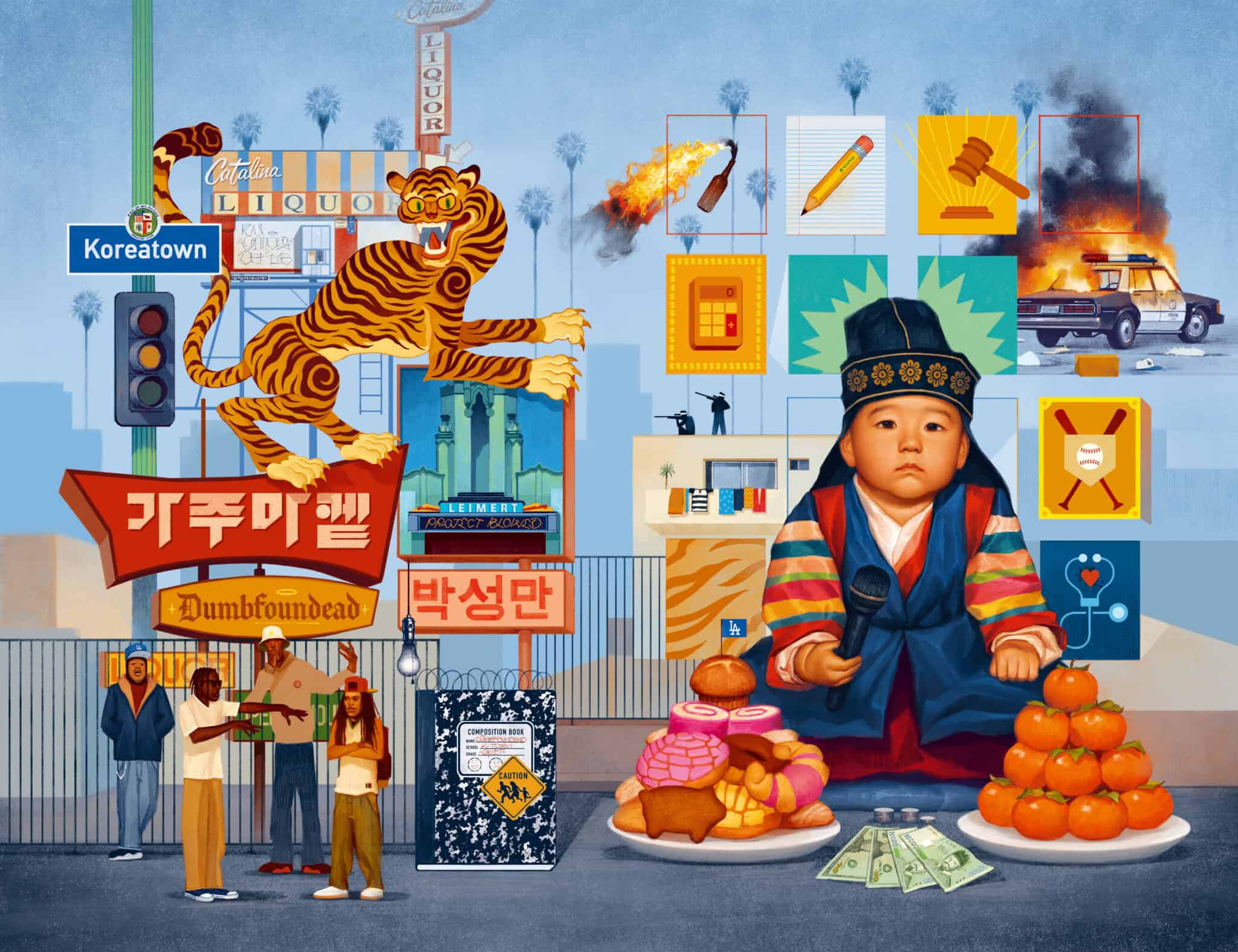 A colorful collage set in Koreatown features a tiger, street signs, burning cars, food, money, a child in traditional Korean attire, and groups of people, blending elements of Korean and American culture in an urban scene.