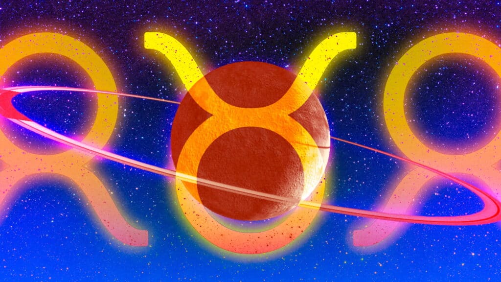 A glowing Taurus zodiac symbol, inspired by Asian American astrology, appears behind a red planet with neon pink rings, set against a starry blue and purple space background.
