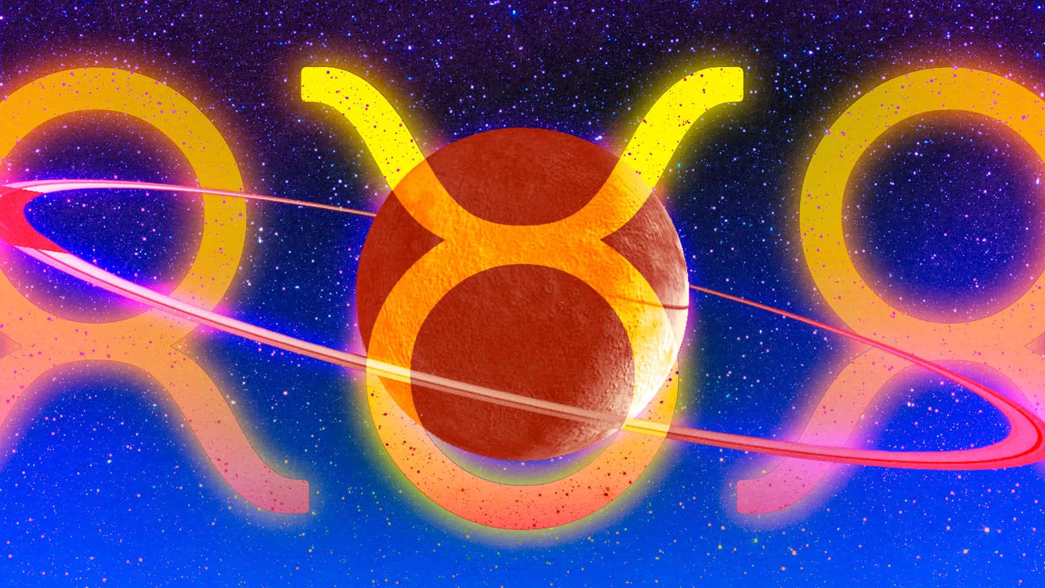 A glowing Taurus zodiac symbol, inspired by Asian American astrology, appears behind a red planet with neon pink rings, set against a starry blue and purple space background.