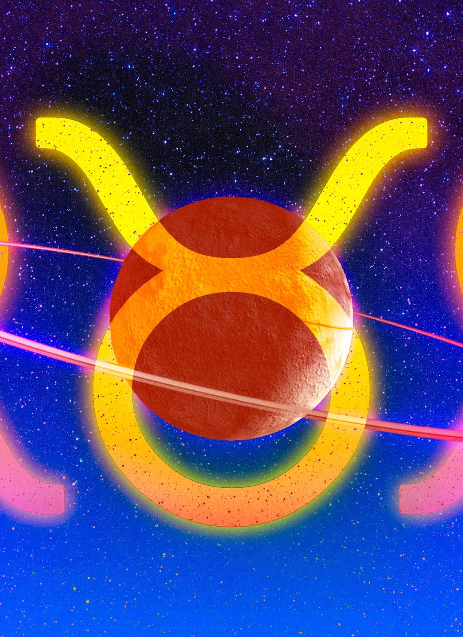 A glowing Taurus zodiac symbol, inspired by Asian American astrology, appears behind a red planet with neon pink rings, set against a starry blue and purple space background.