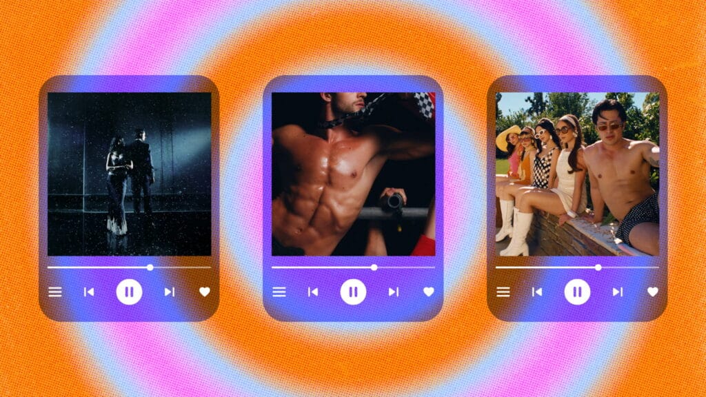 Three music player interfaces show: a couple dancing in the rain, a shirtless muscular person lifting a dumbbell, and a group of young people in swimsuits lounging by a pool. The background is orange with concentric colorful rings.