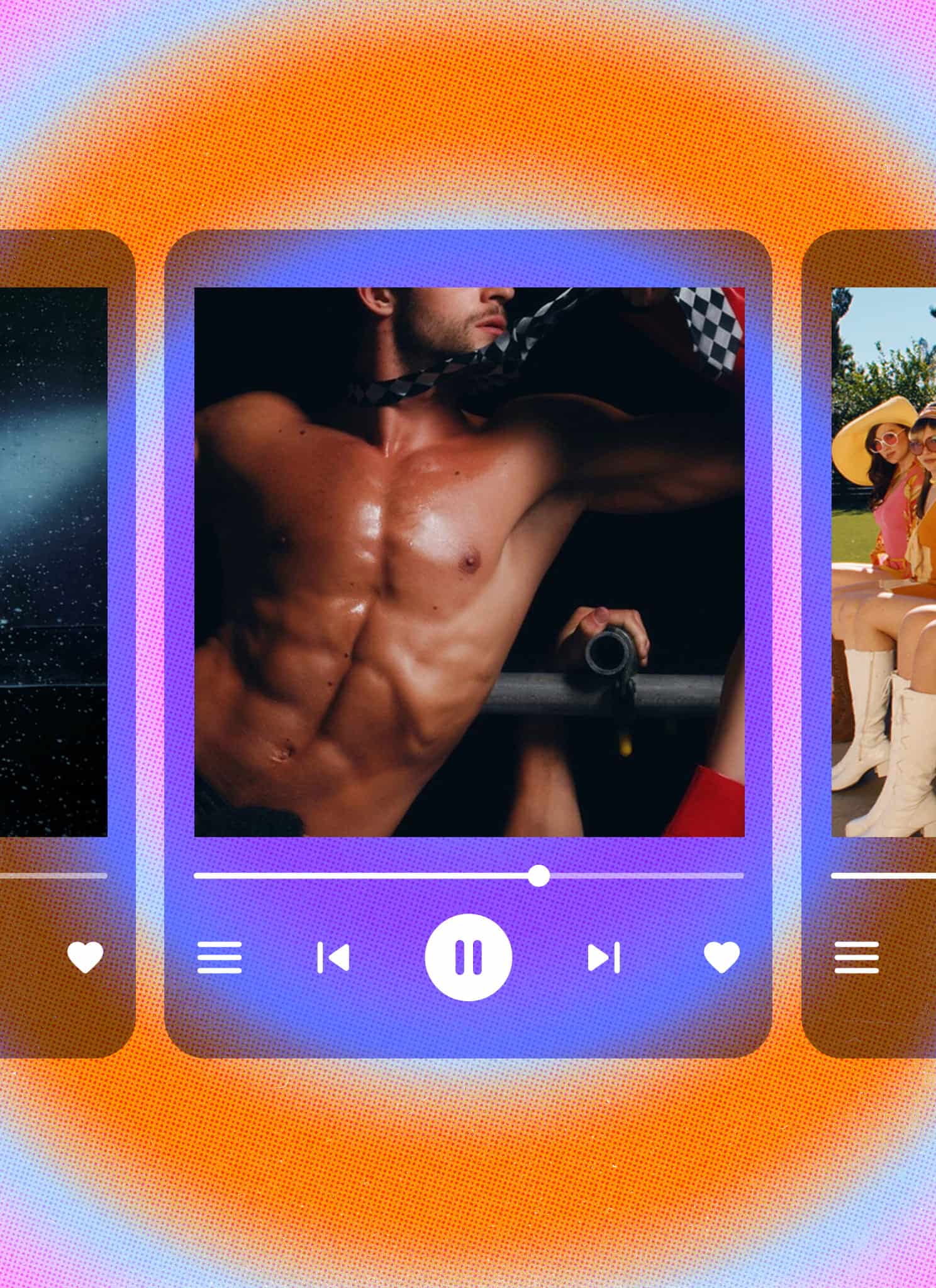 Three music player interfaces show: a couple dancing in the rain, a shirtless muscular person lifting a dumbbell, and a group of young people in swimsuits lounging by a pool. The background is orange with concentric colorful rings.