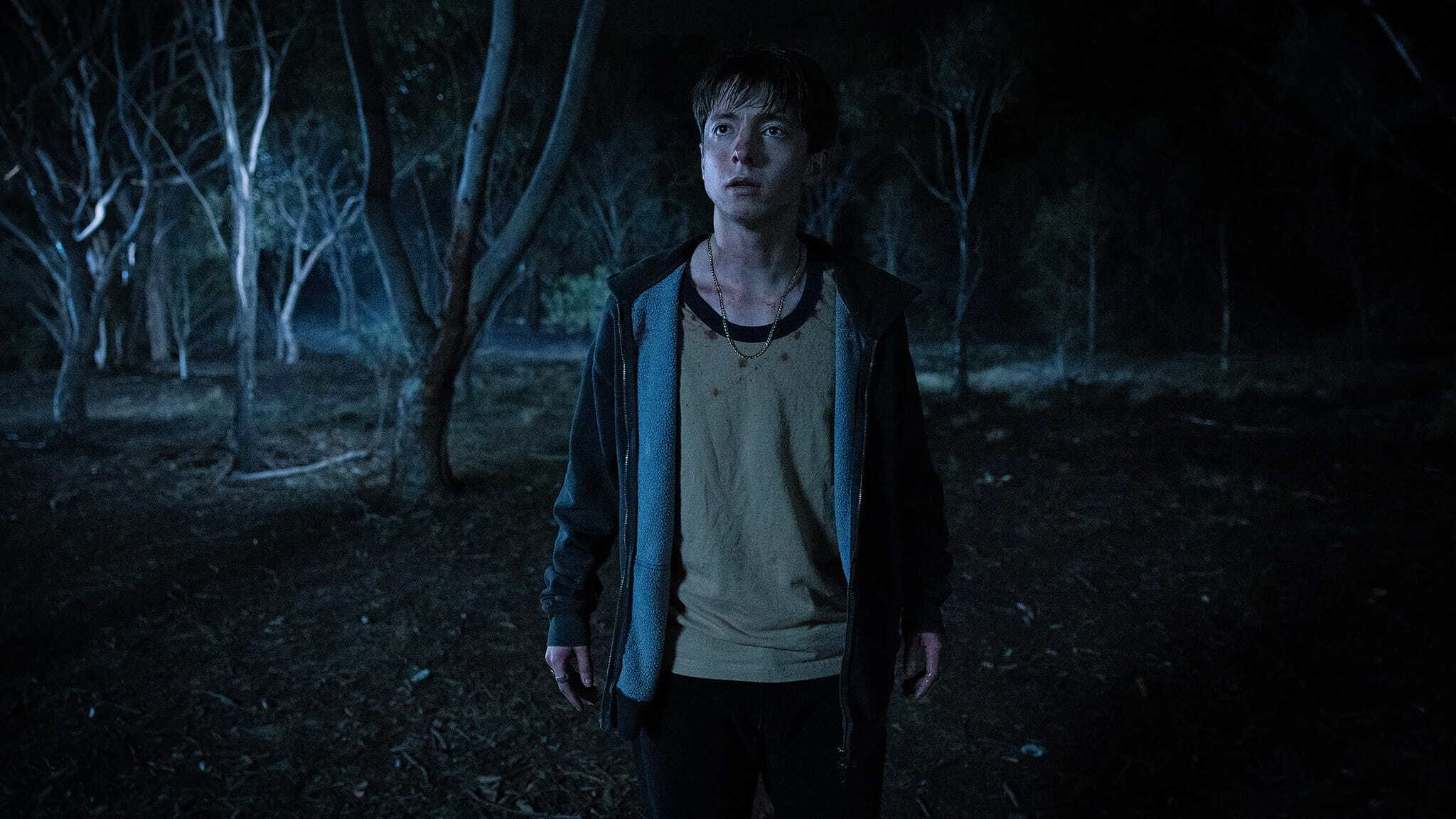 A young person stands alone in a dark, wooded area at night, looking slightly upwards with a tense expression, illuminated by dim, blue-tinged light among tall trees.