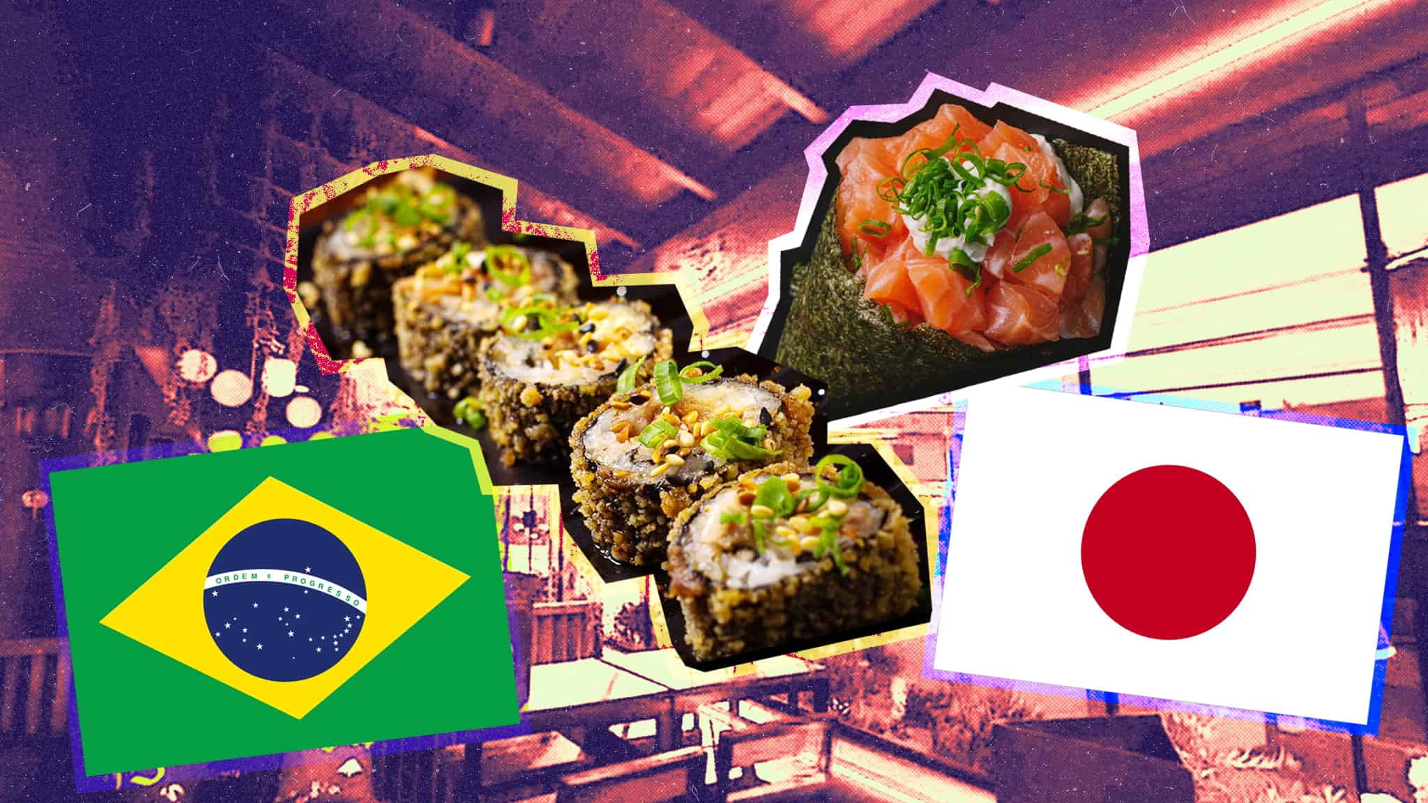 Collage of sushi rolls and a sashimi dish overlaid with Brazilian and Japanese flags, set against a colorful restaurant interior background with warm lighting.