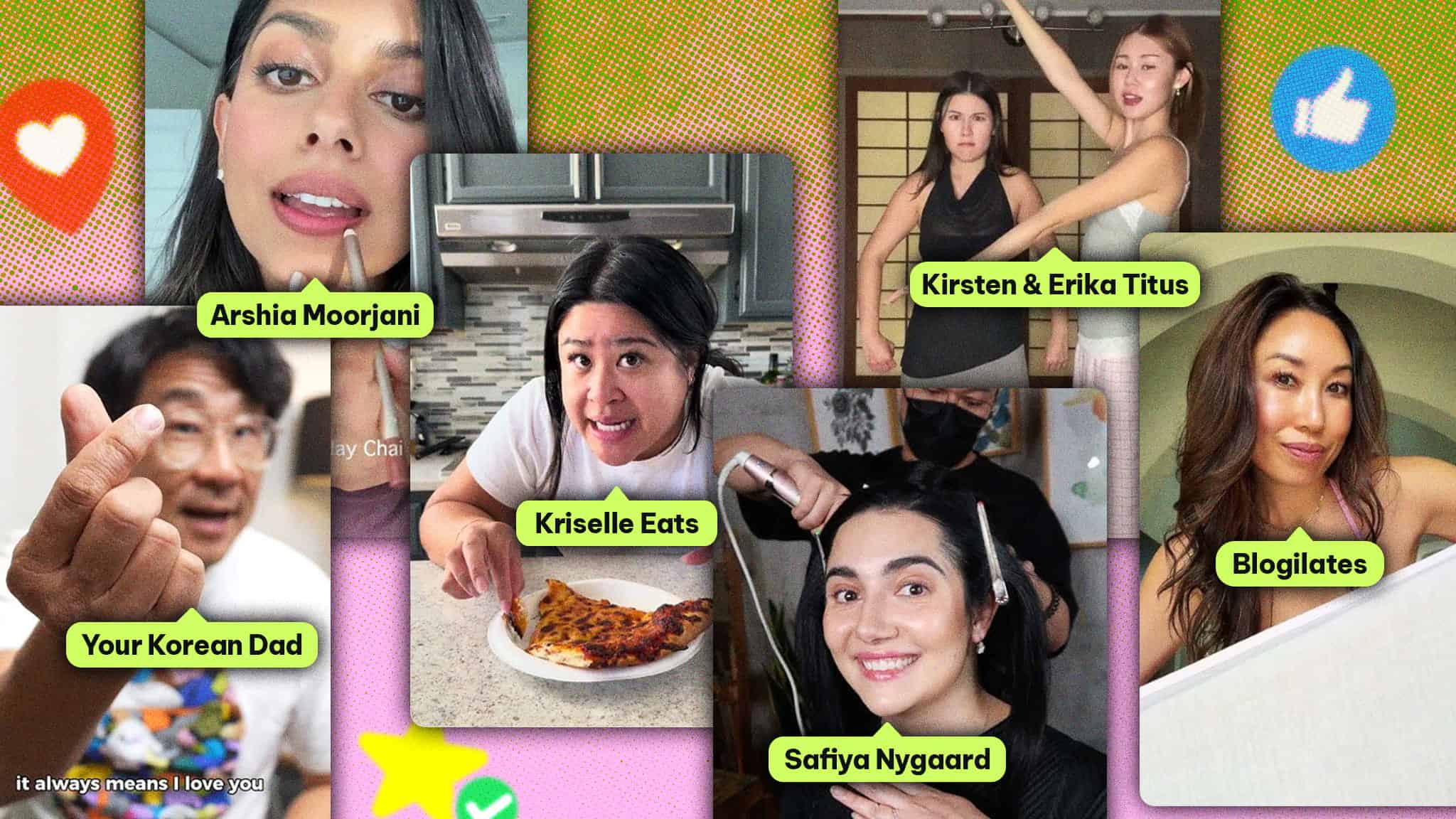 A colorful collage featuring popular Asian American content creators Arshia Moorjani, Kriselle Eats, Your Korean Dad, Kirsten & Erika Titus, Safiya Nygaard, and Blogilates, with their names labeled over their photos.