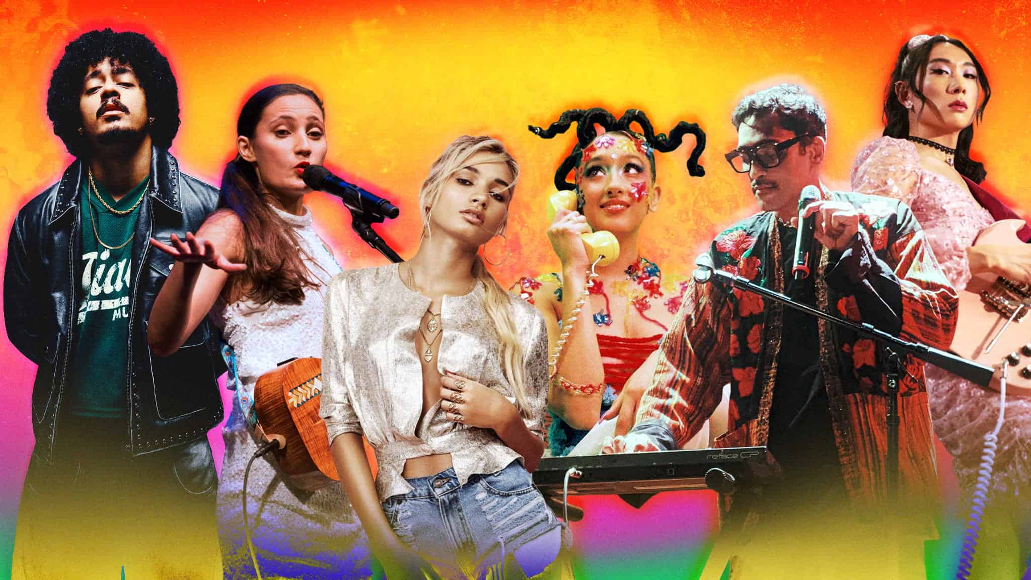 A vibrant collage of six diverse musicians standing and performing against a colorful, fiery gradient background, each with distinct outfits and instruments, conveying energy and creativity.