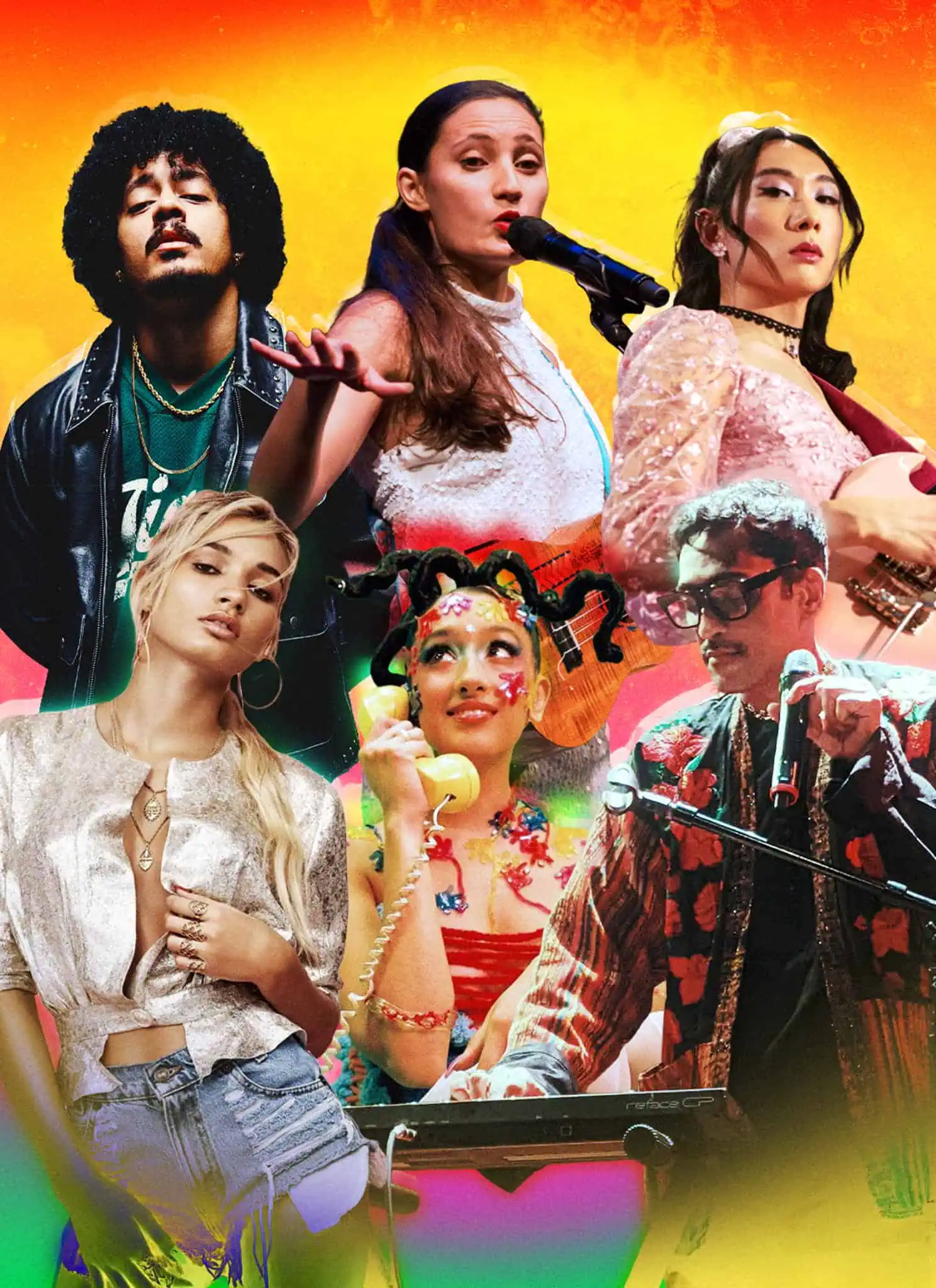A vibrant collage of six diverse musicians standing and performing against a colorful, fiery gradient background, each with distinct outfits and instruments, conveying energy and creativity.