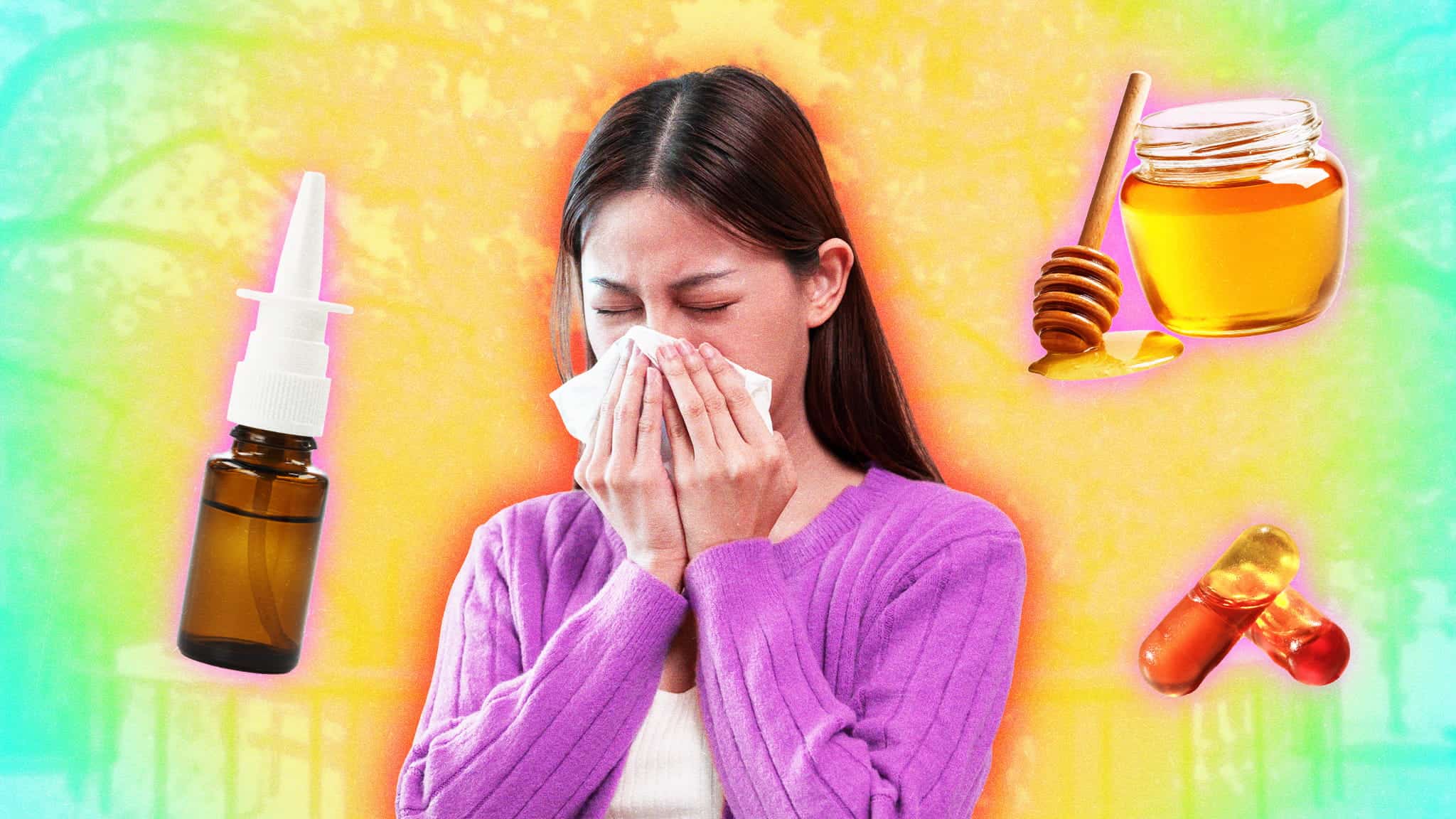 A woman in a purple sweater sneezes into a tissue. Surrounding her are illustrations of a nasal spray bottle, honey with a honey dipper, and two red capsules, all on a colorful background.