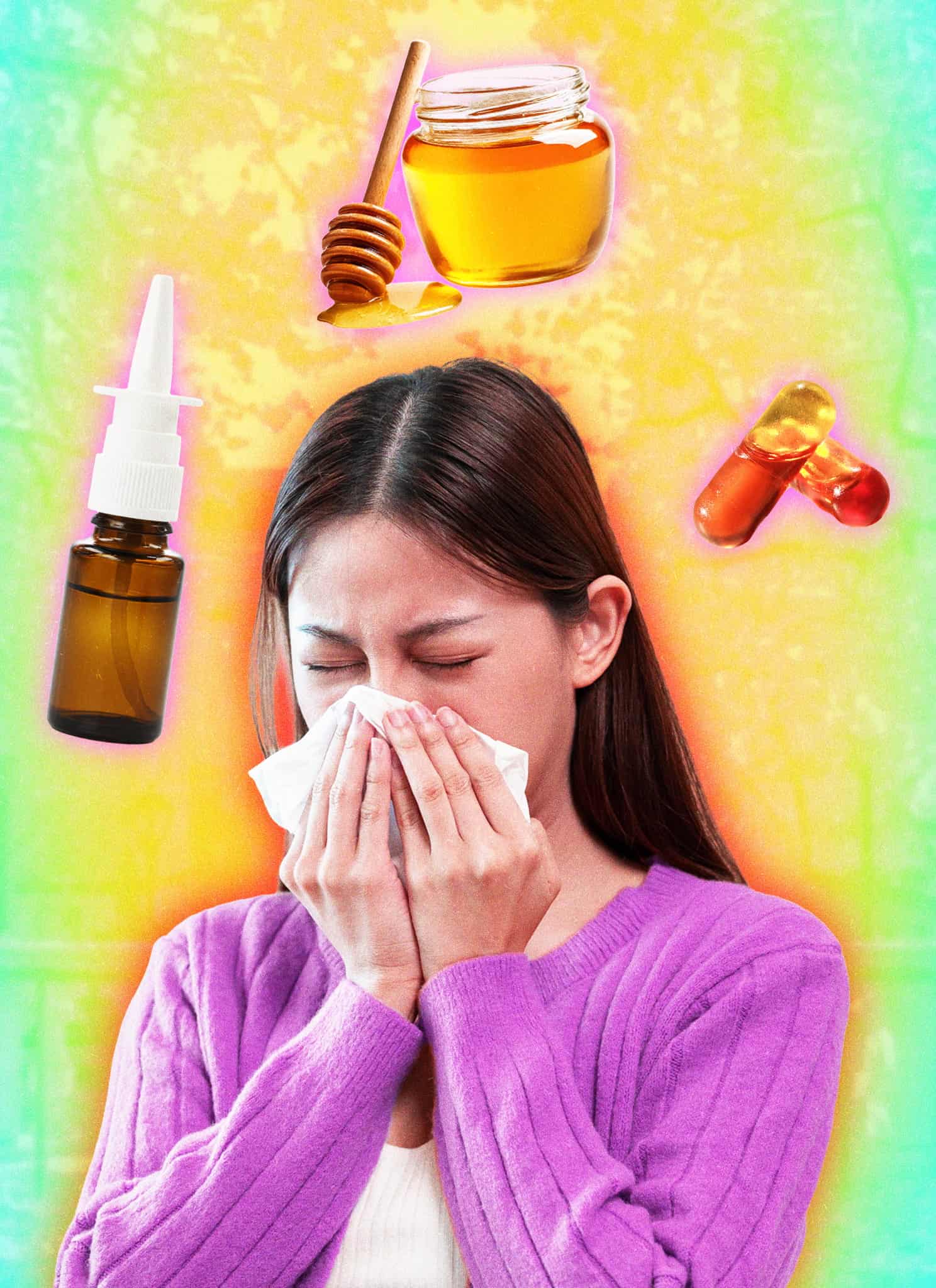 A woman in a purple sweater sneezes into a tissue. Surrounding her are illustrations of a nasal spray bottle, honey with a honey dipper, and two red capsules, all on a colorful background.