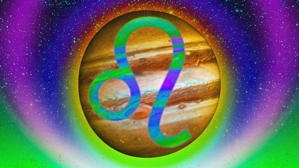 A colorful image of the planet Jupiter with a large blue Leo zodiac symbol overlaying it, surrounded by a vibrant, multicolored halo and a star-filled outer space background.