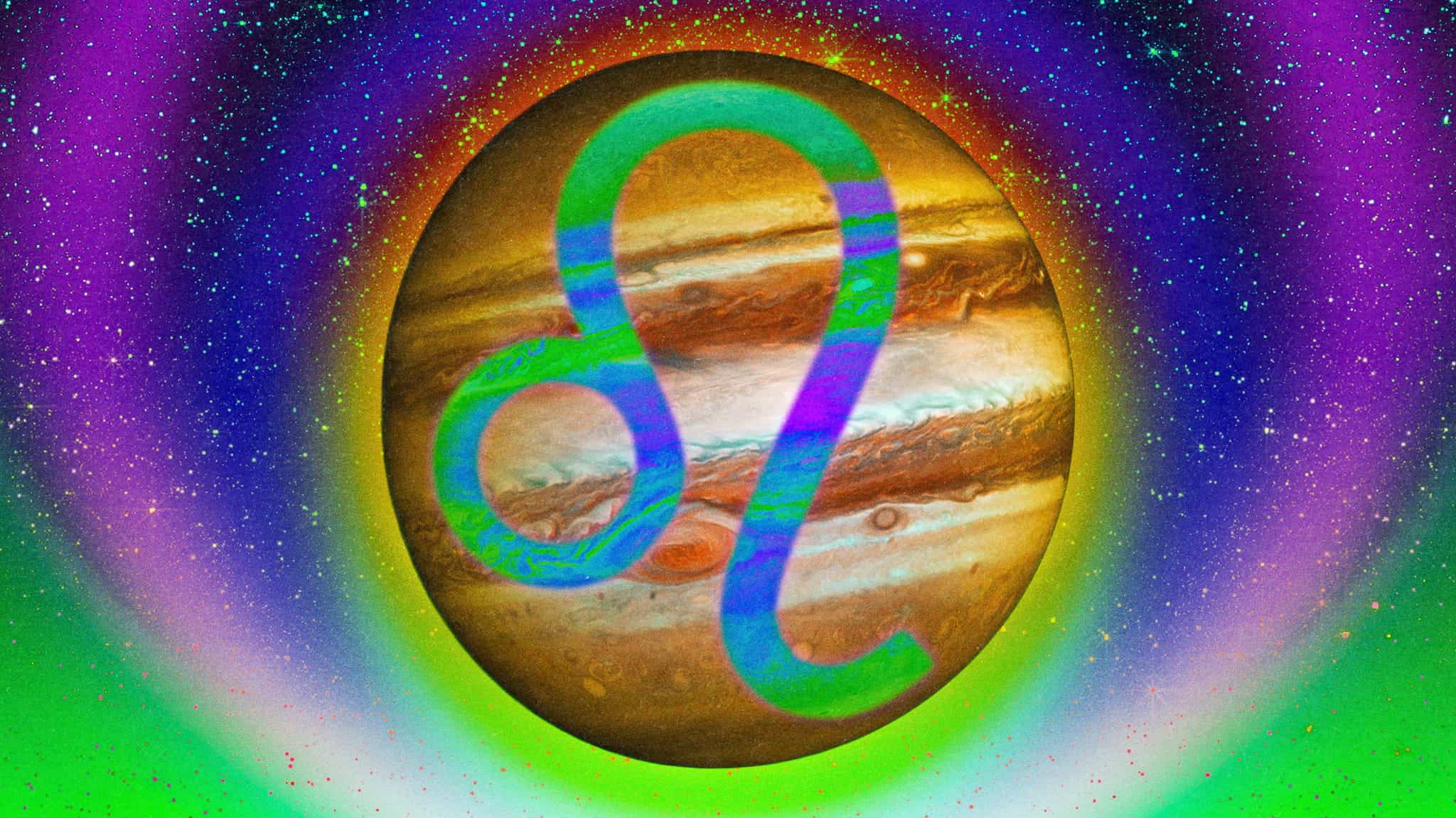 A colorful image of the planet Jupiter with a large blue Leo zodiac symbol overlaying it, surrounded by a vibrant, multicolored halo and a star-filled outer space background.