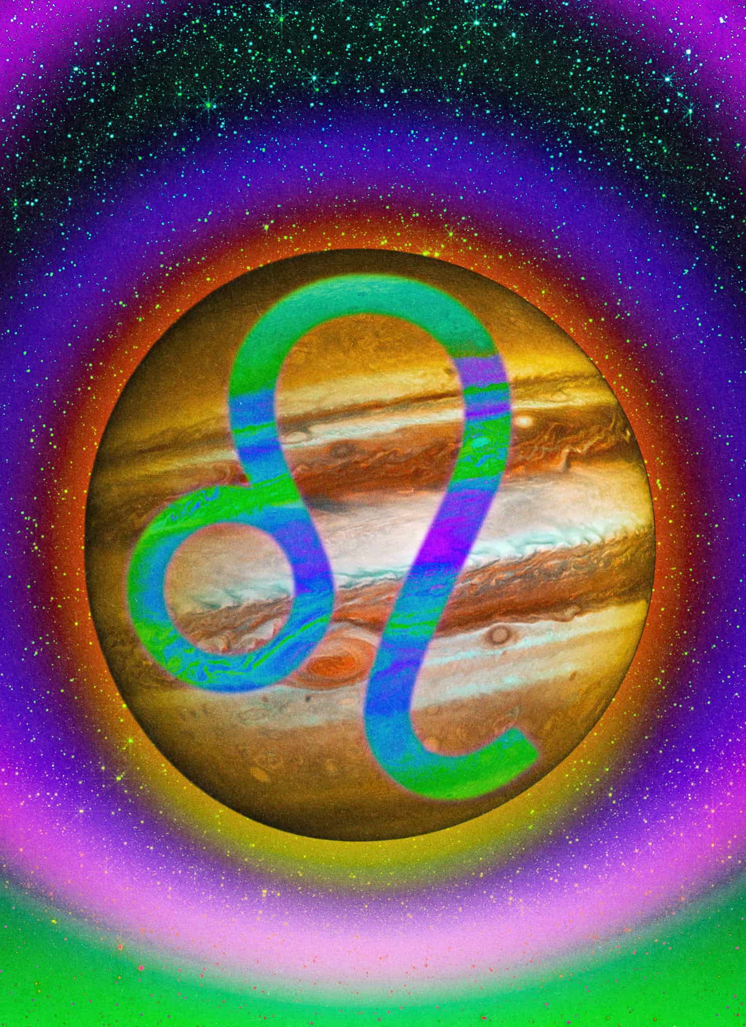 A colorful image of the planet Jupiter with a large blue Leo zodiac symbol overlaying it, surrounded by a vibrant, multicolored halo and a star-filled outer space background.