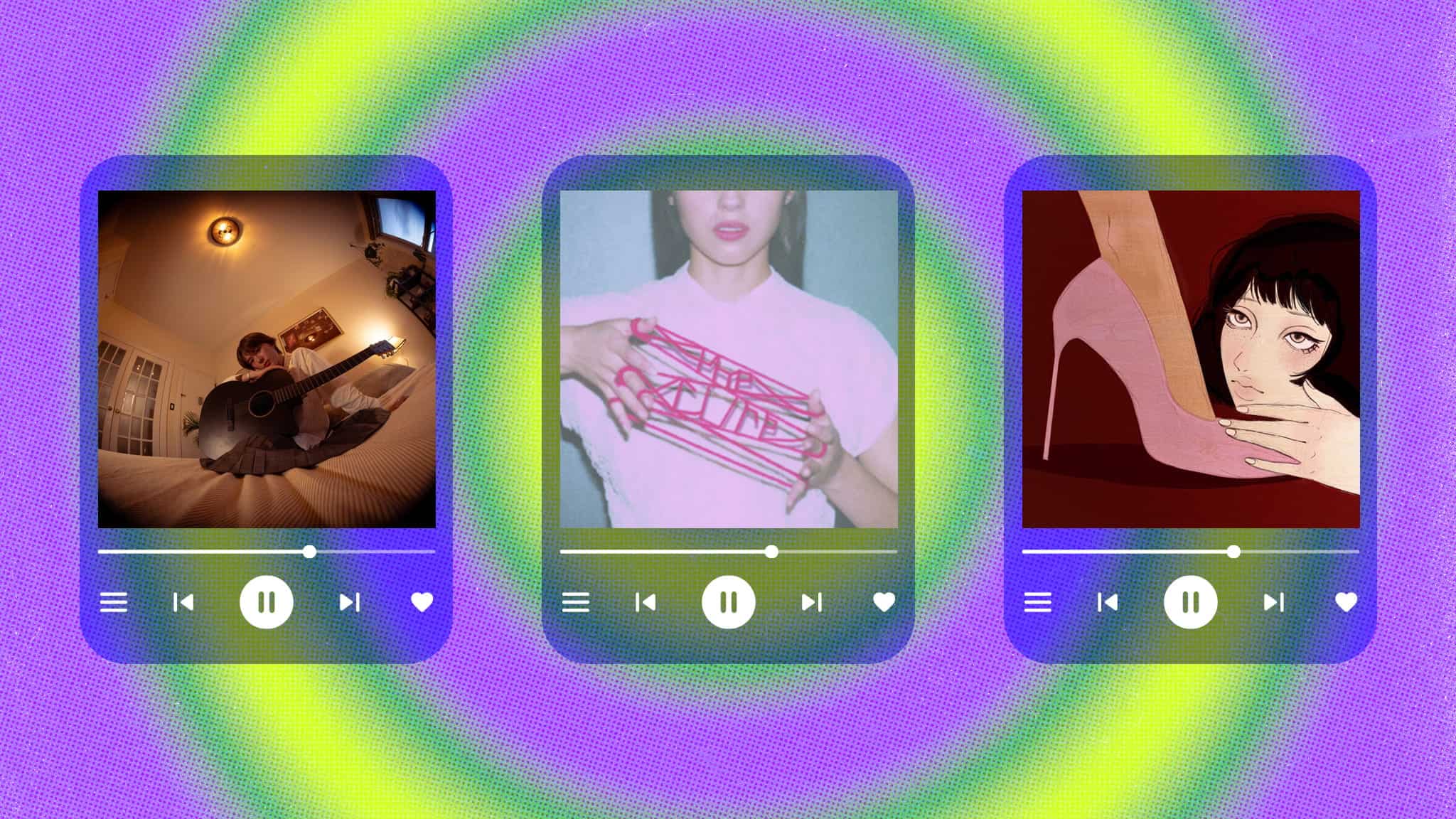Three stylized music player screens with play controls: left shows a person playing guitar, center shows a person holding a pink geometric object, right shows an illustrated woman holding a pink high heel. Bright, concentric background.