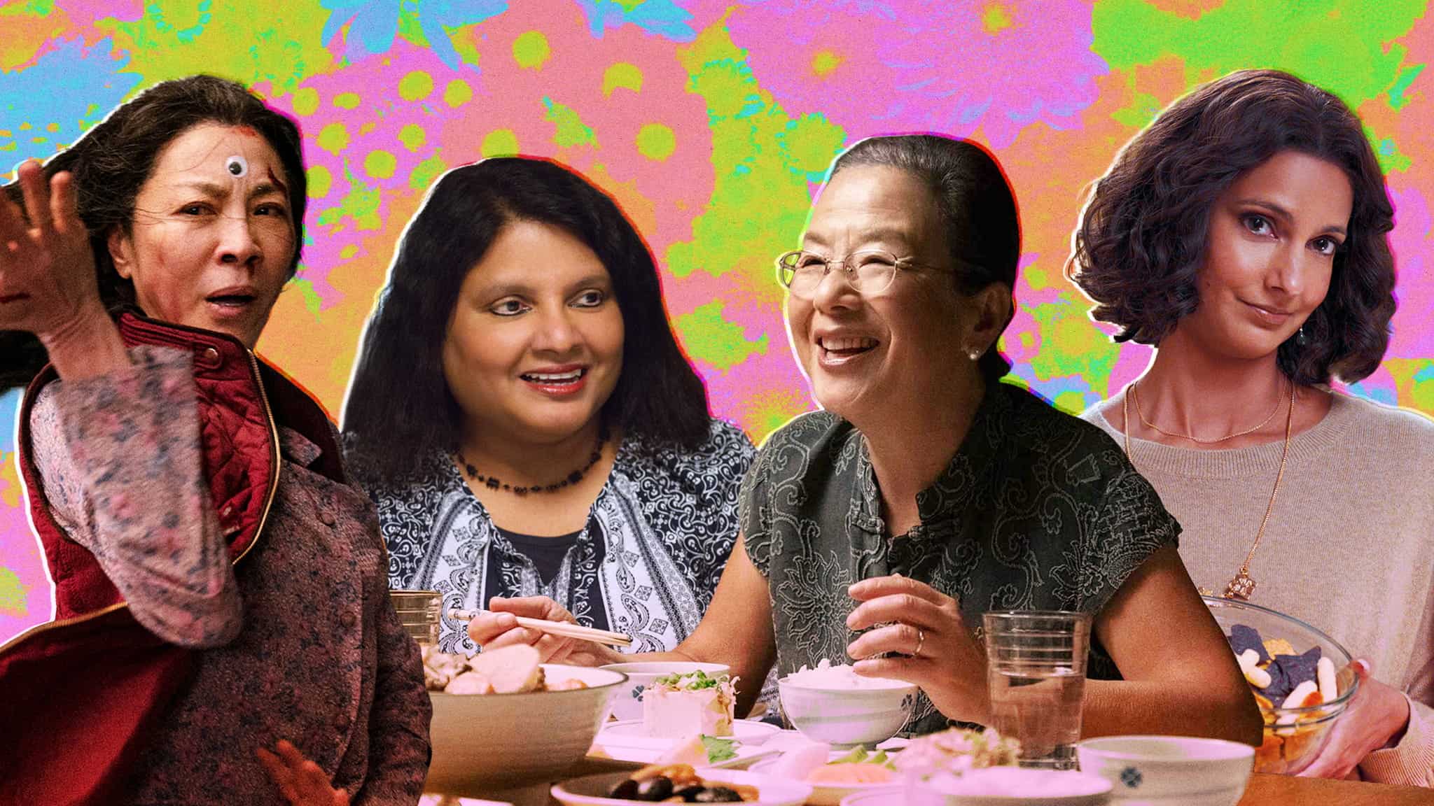 Four women of diverse backgrounds are shown smiling and interacting, with some seated at a table filled with food. The colorful, floral-patterned background adds a lively, celebratory feel.