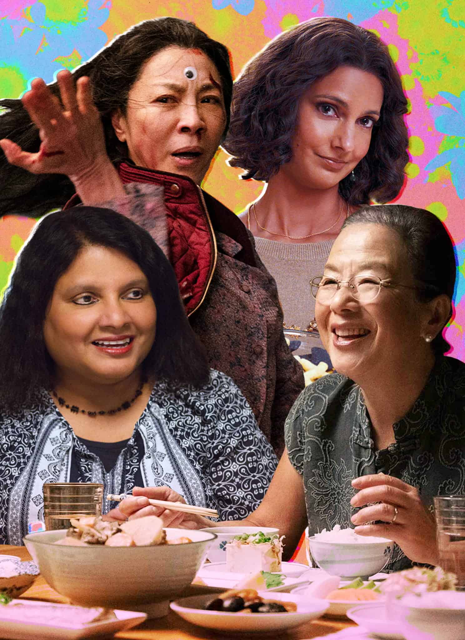Four women of diverse backgrounds are shown smiling and interacting, with some seated at a table filled with food. The colorful, floral-patterned background adds a lively, celebratory feel.