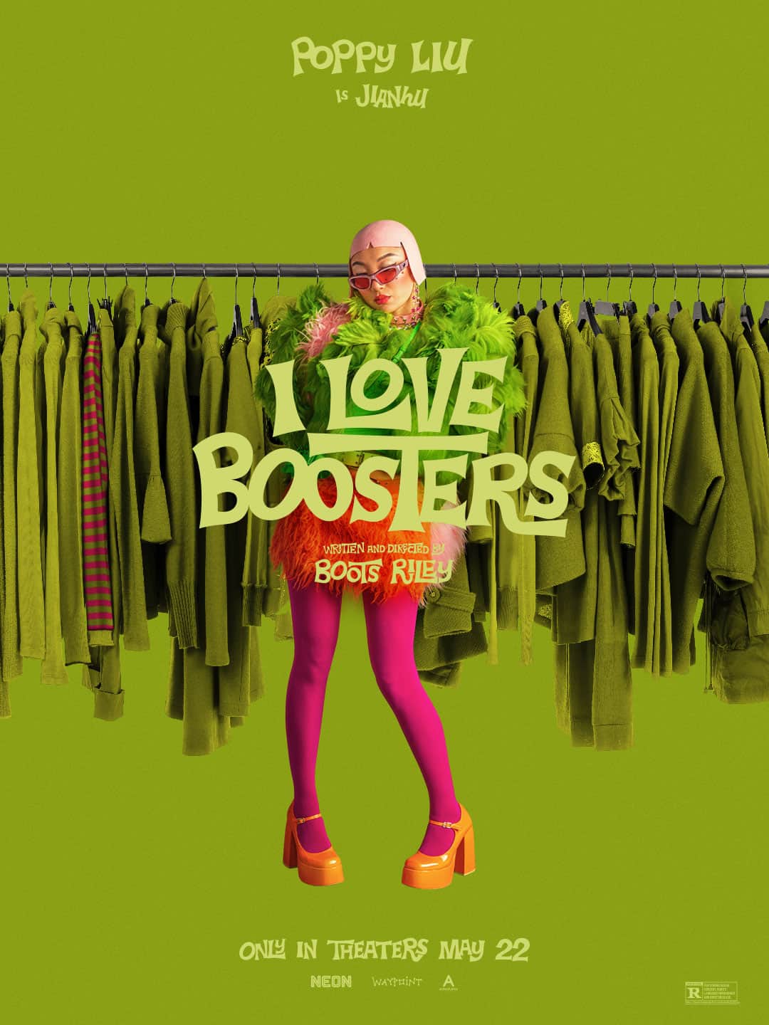 A person in a vibrant green feathered top, orange skirt, and bright pink tights stands confidently in front of a rack of green clothes. Text on the image reads I Love Boosters and lists Poppy Liu as Jianhu.