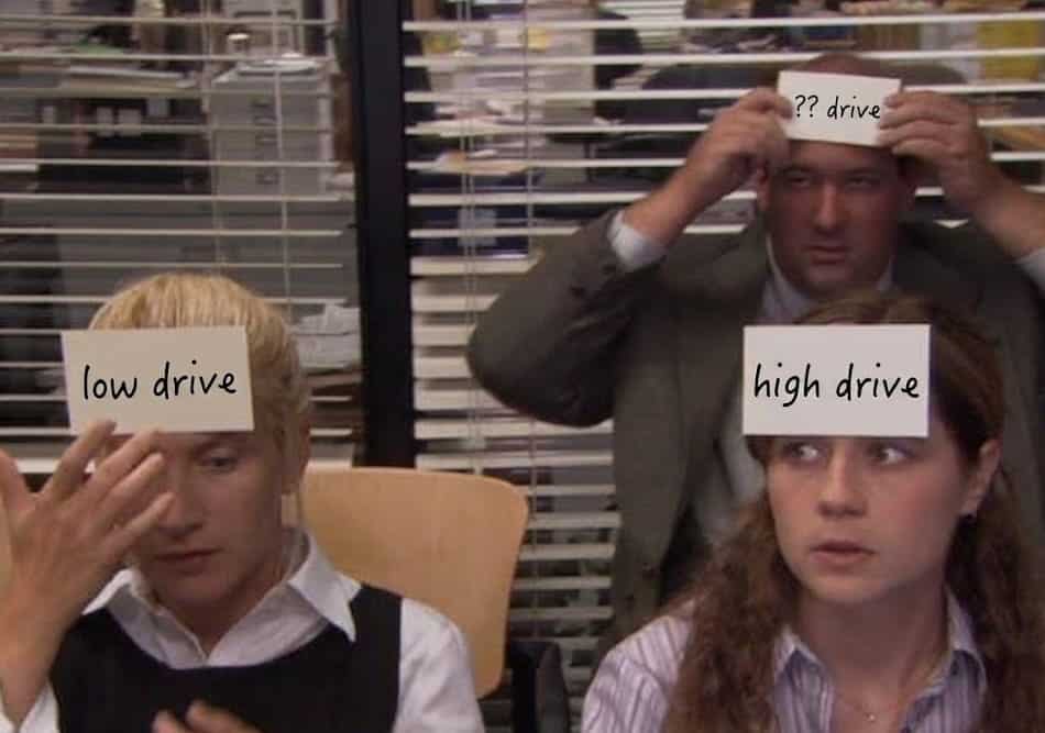 Three people in an office setting have sticky notes on their foreheads labeled low drive, ?? drive, and high drive. They appear to be participating in a group activity.