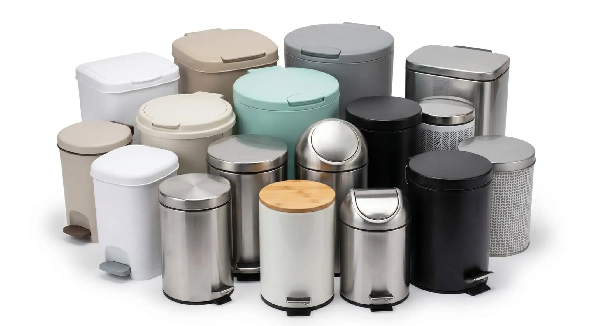 A group of sixteen different trash bins in various shapes, sizes, and colors, including metal, plastic, and patterned designs, are arranged closely together on a white background.
