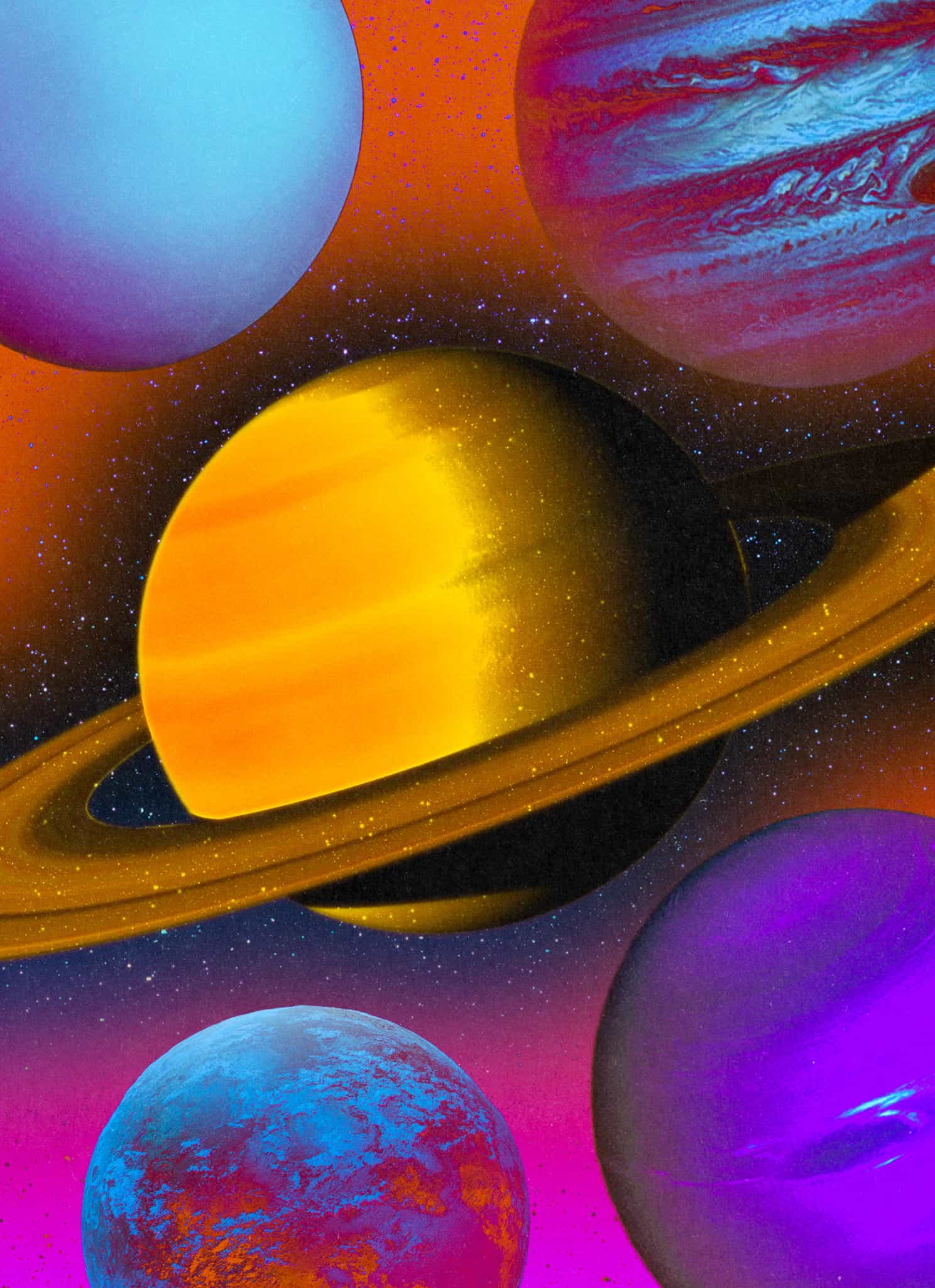 An illustration of several colorful planets in space, with a large, yellow-orange planet with prominent rings in the center, set against a vibrant red, pink, and purple starry background.