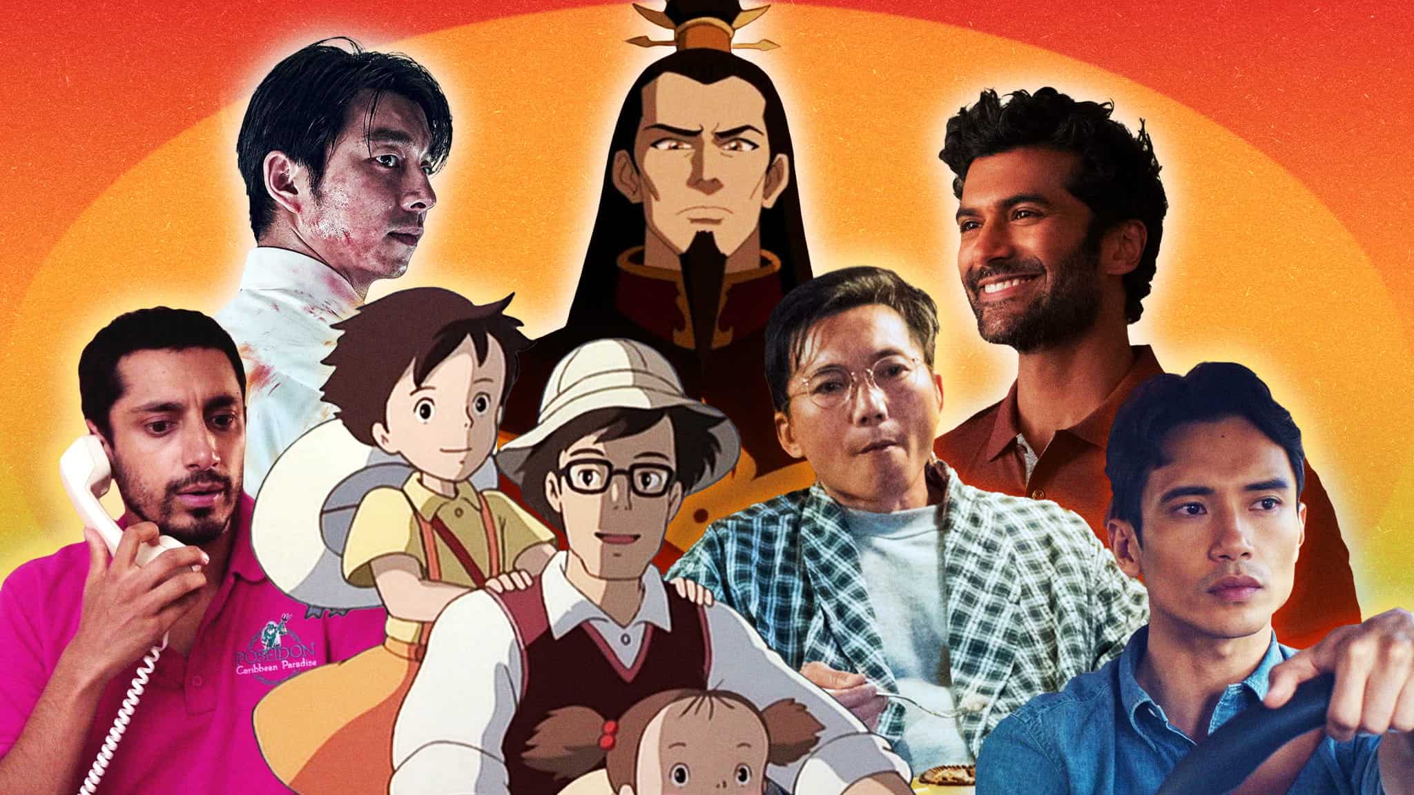 A collage of Asian actors and animated characters, including figures from live-action films and anime, all set against a vibrant orange and yellow background with a sunburst effect.