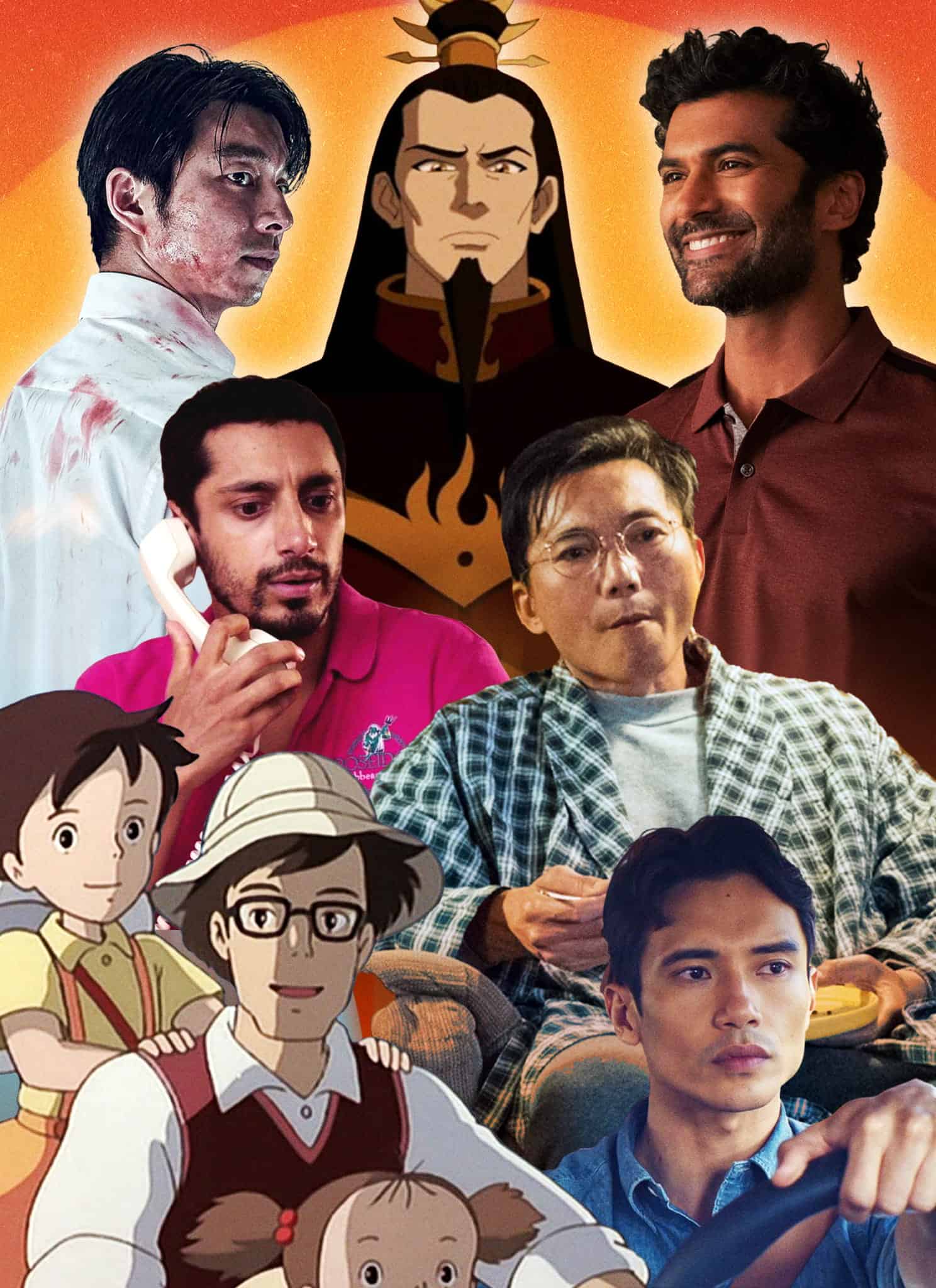 A collage of Asian actors and animated characters, including figures from live-action films and anime, all set against a vibrant orange and yellow background with a sunburst effect.