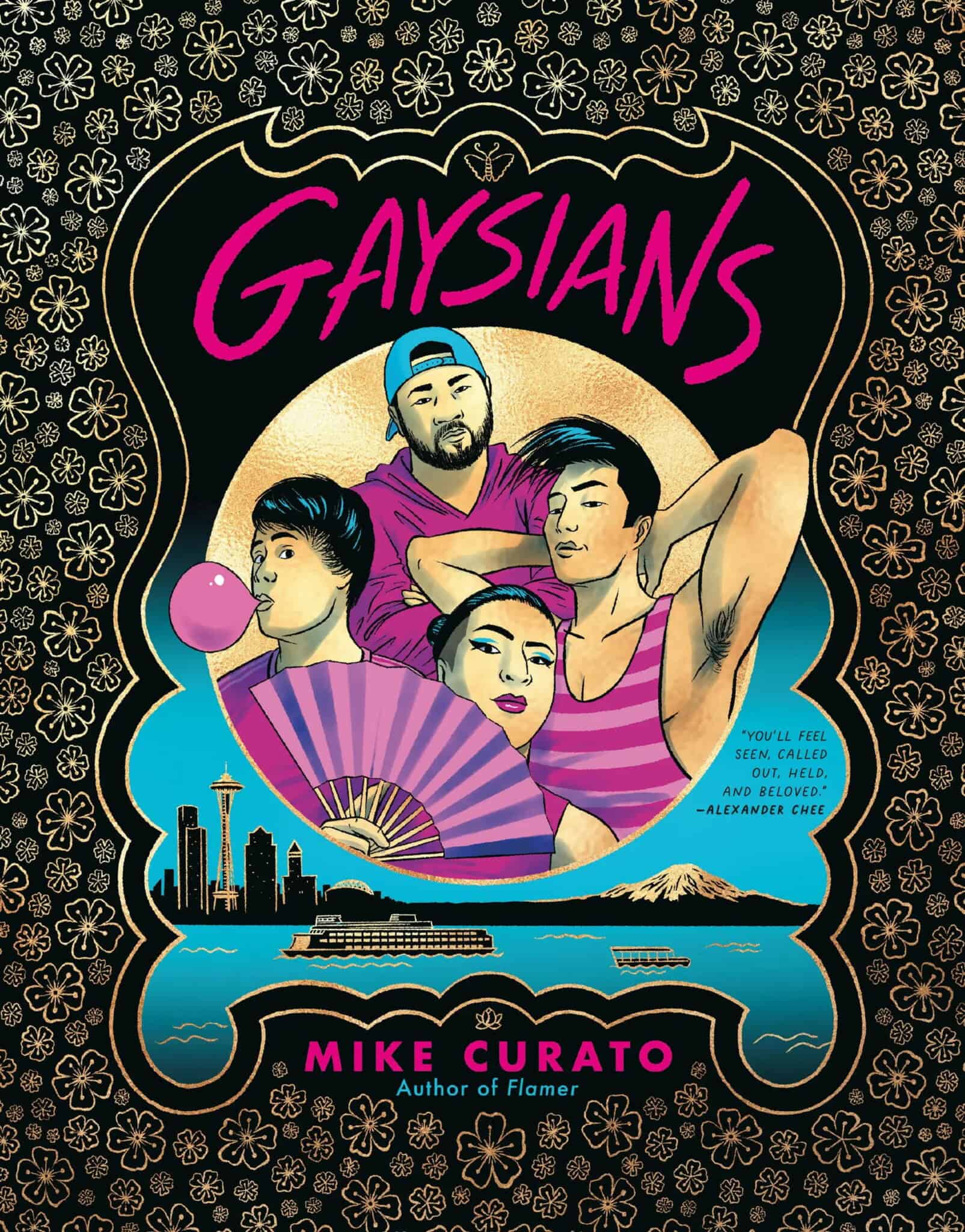 Book cover for Gaysians by Mike Curato, featuring four illustrated Asian individuals striking confident poses, with the Seattle skyline and Mount Rainier below, surrounded by gold floral designs on a black background.