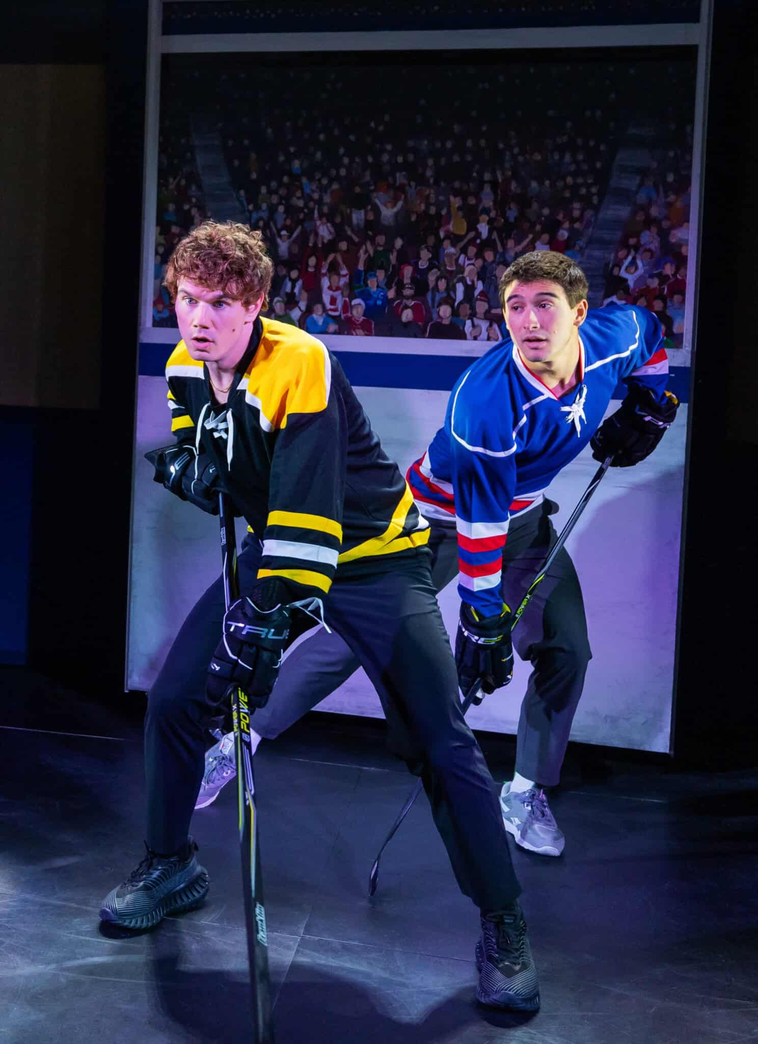 Two hockey players in black/yellow and blue/red uniforms face off on the ice, gripping their sticks and looking intently ahead, with a blurred crowd in the background.