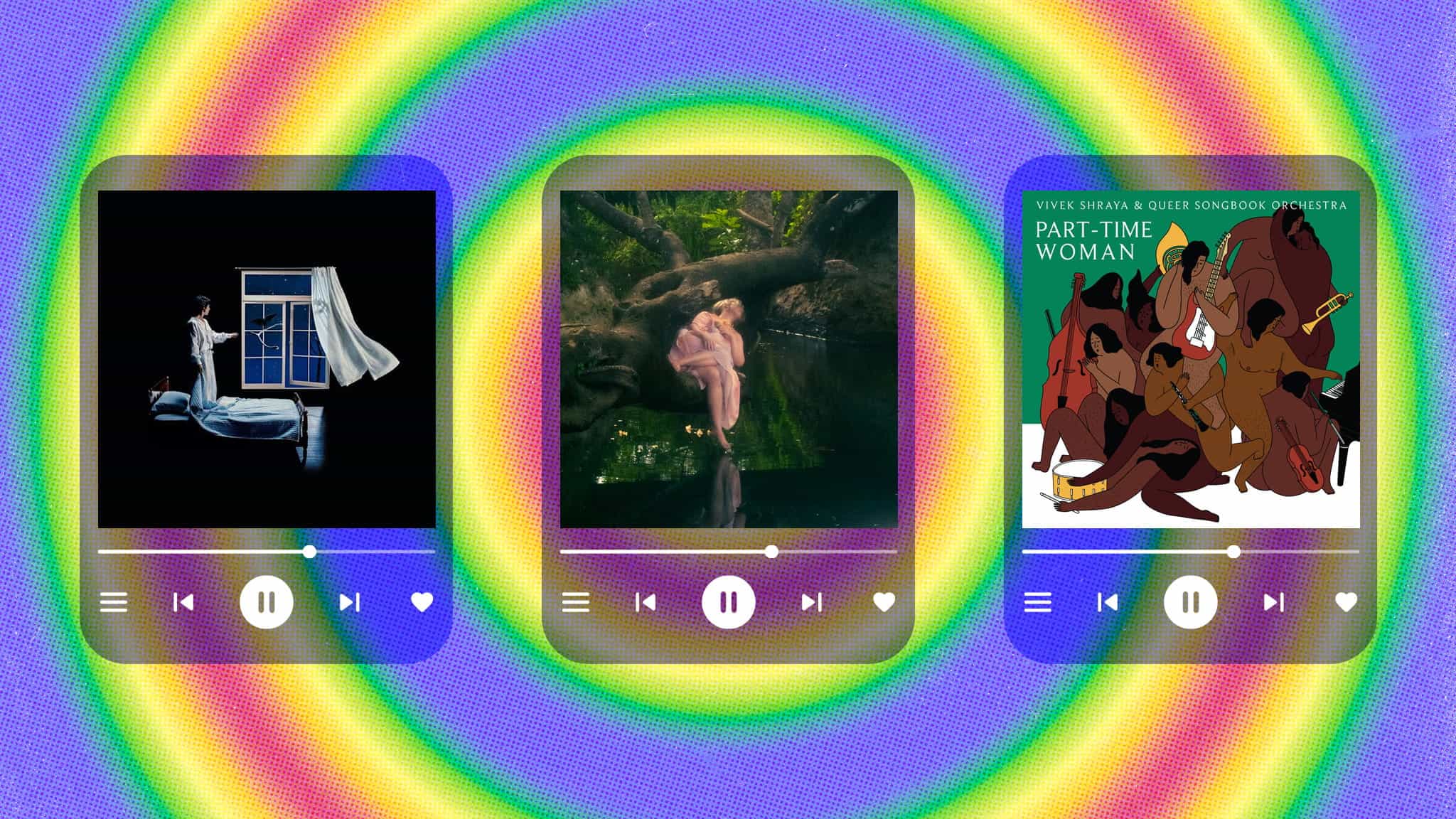 Three illustrated music player screens show different album covers on a rainbow-colored, concentric circle background. The covers feature a bed by a window, people embracing near water, and an abstract group illustration.