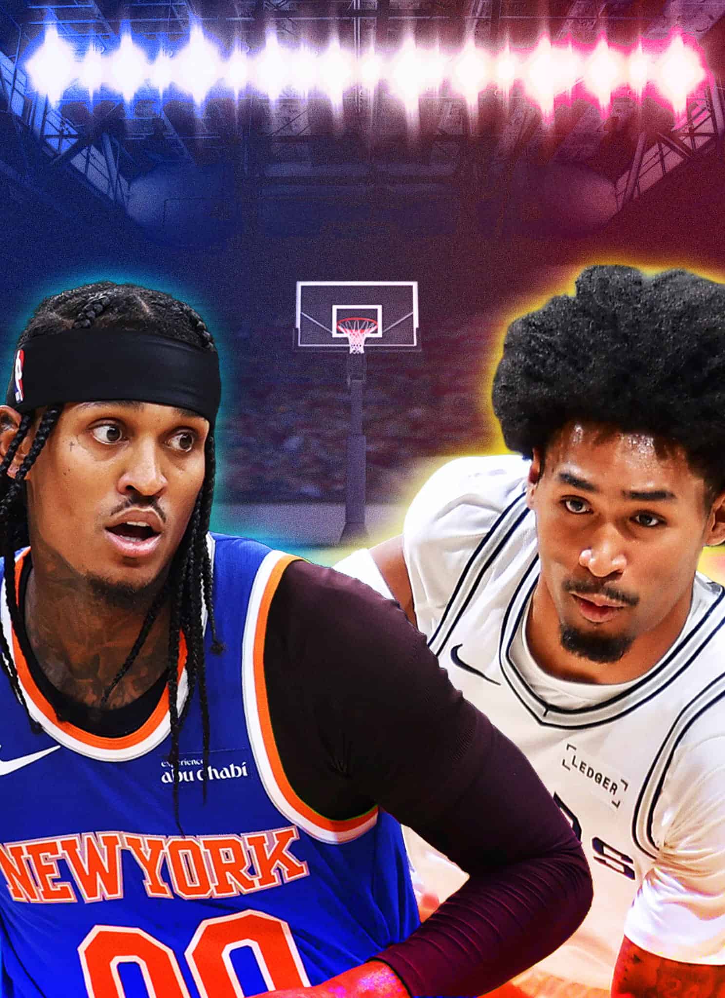 Two basketball players in action on a brightly lit court, one wearing a blue New York Knicks jersey and the other in a white San Antonio Spurs jersey, both holding basketballs with a hoop in the background.