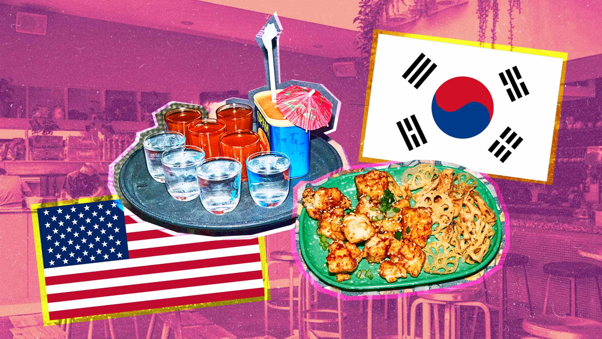 A collage-style image features American and South Korean flags, a tray with shot glasses and cocktails, and plates of fried chicken and lotus root, set against a vibrant cafe background.