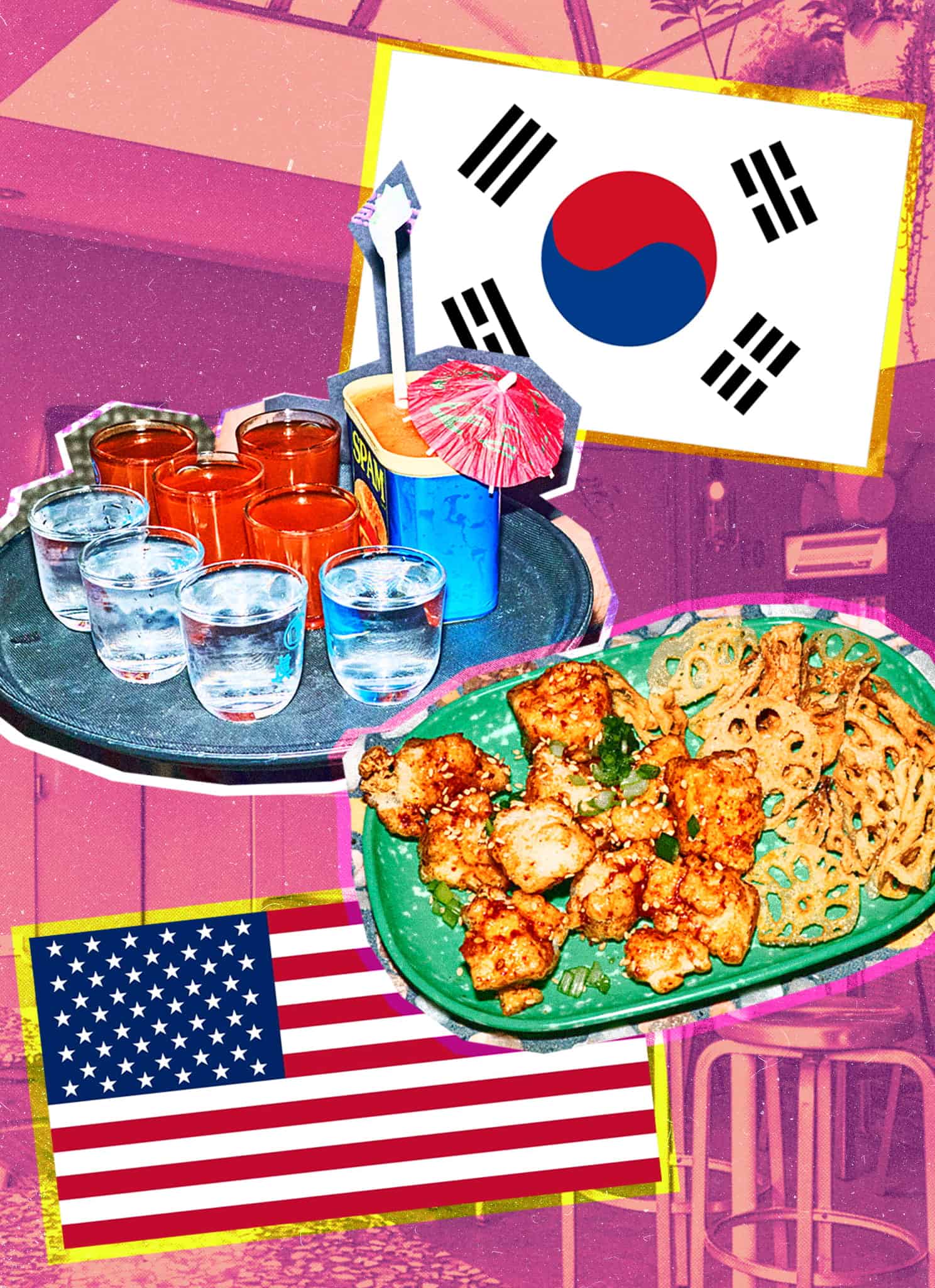 A collage-style image features American and South Korean flags, a tray with shot glasses and cocktails, and plates of fried chicken and lotus root, set against a vibrant cafe background.