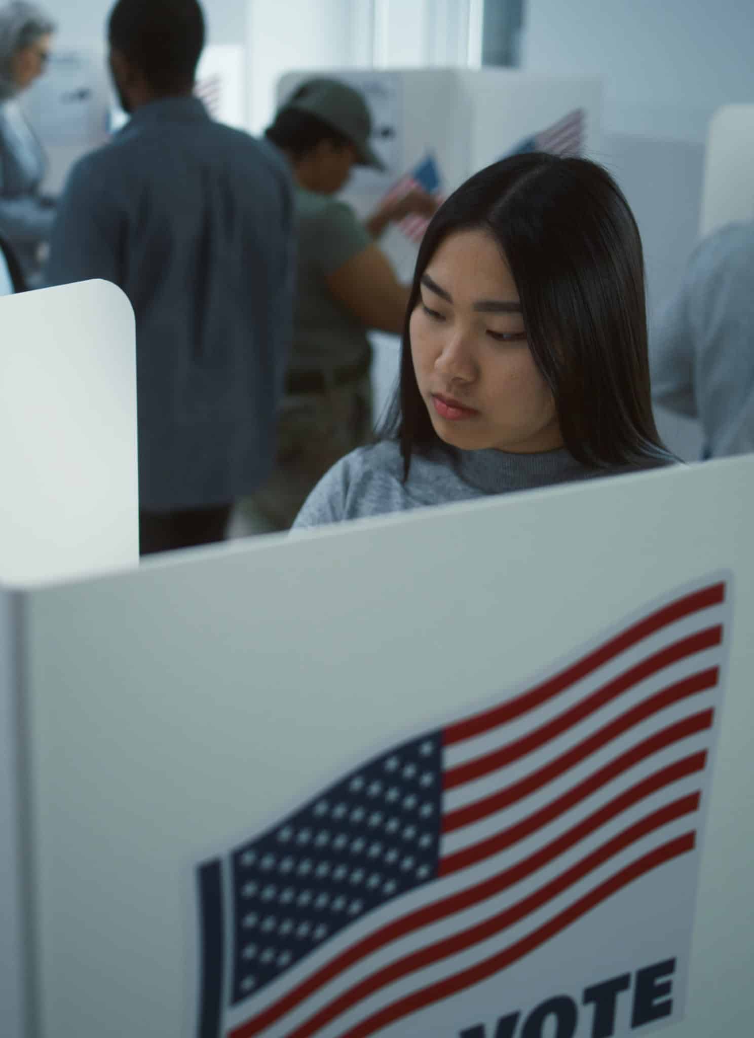 People voting in private booths at a polling station, each booth displaying an American flag and the word VOTE. The scene is diverse, with individuals focused on casting their ballots.