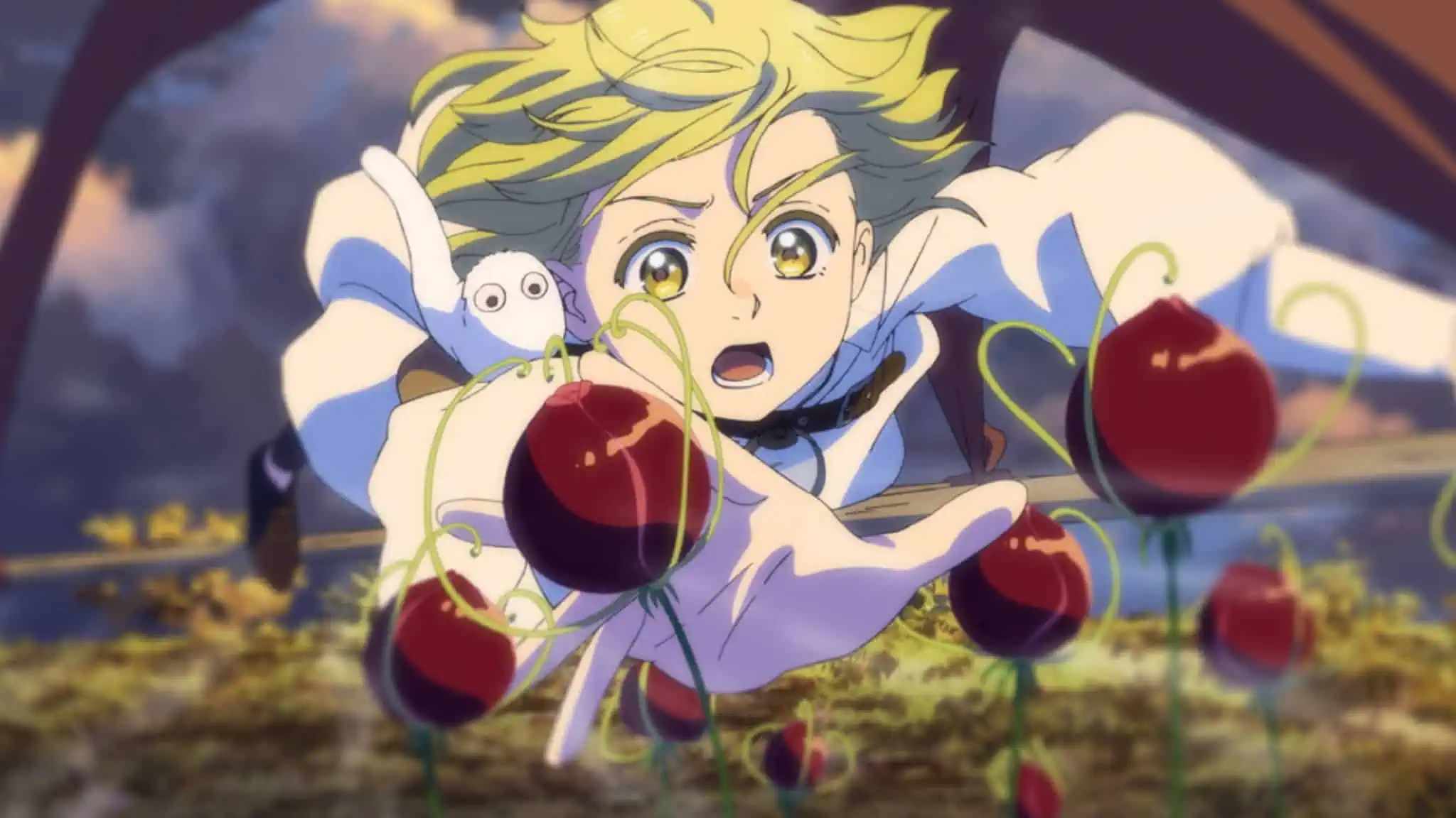 An animated character with blond hair and wide eyes reaches out toward red, heart-shaped plants while falling, with a small white creature clinging to their shoulder. The background shows a sunset sky and blurred landscape.