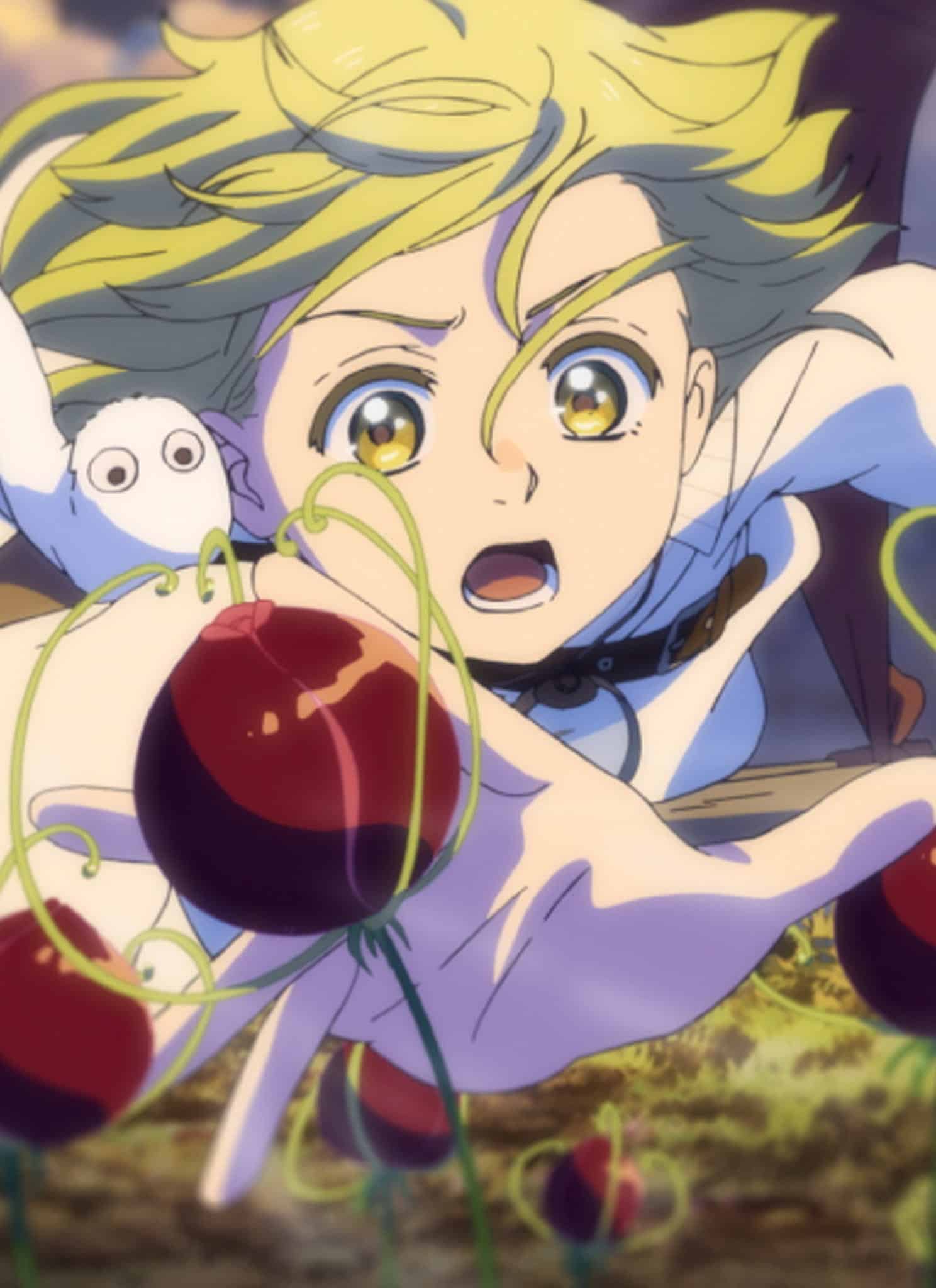 An animated character with blond hair and wide eyes reaches out toward red, heart-shaped plants while falling, with a small white creature clinging to their shoulder. The background shows a sunset sky and blurred landscape.