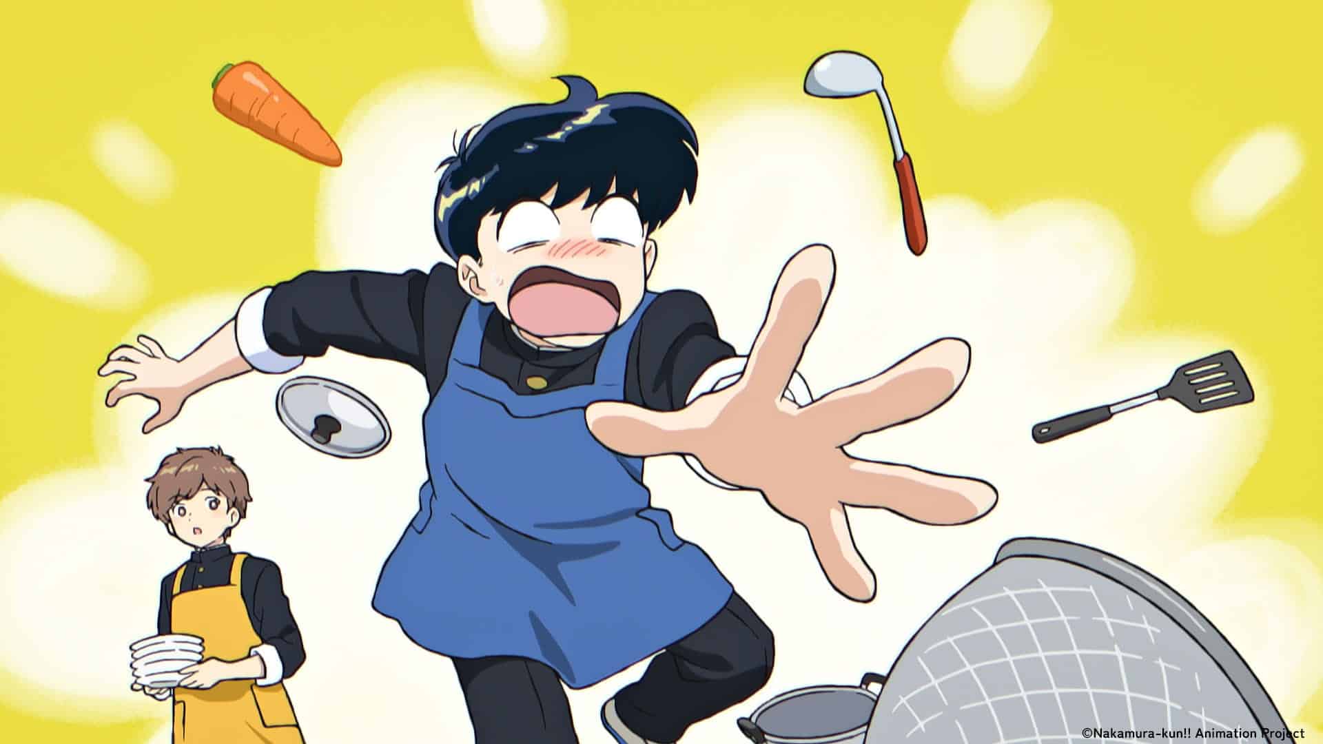 Two animated characters in aprons are in a kitchen. One is stumbling with a panicked expression, while kitchen utensils, a carrot, and a pot lid fly through the air. The background is bright yellow with white cloud shapes.