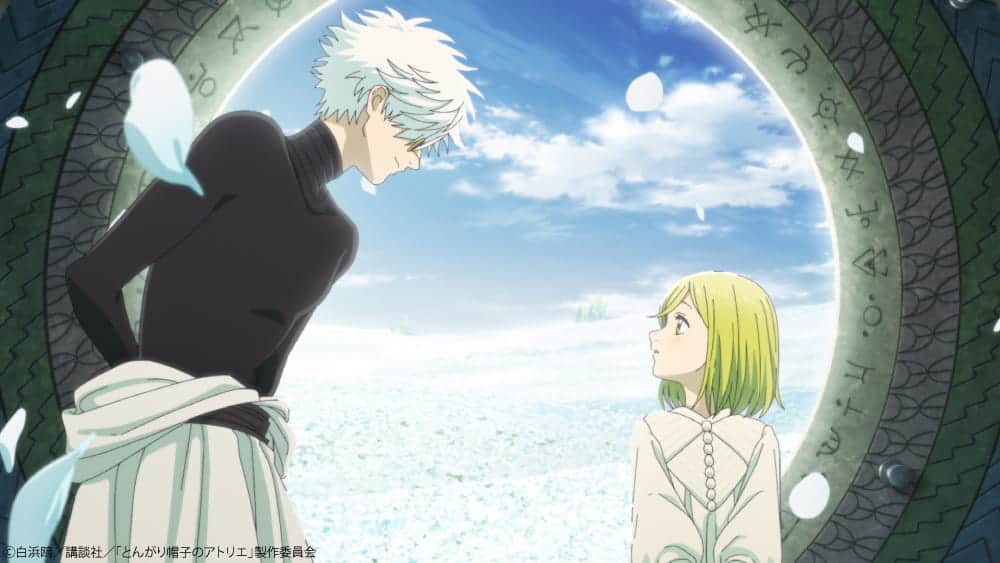 Two anime characters stand facing each other by a large, ornate stone archway with glowing symbols. White-haired man in black turtleneck looks down at a blonde girl in white dress. Snow and petals float in a bright, wintry landscape.