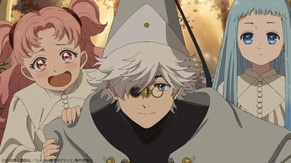 Three anime characters outdoors: a person with white hair and an eyepatch smiles in the center, while a cheerful girl with pink hair stands behind and a calm girl with long blue hair stands to the right. Autumn trees are in the background.