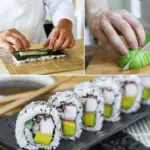 A collage of sushi-making: hands rolling sushi with seaweed and rice, slicing avocado, and finished sushi rolls filled with crab, avocado, and cucumber on a black plate.