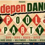 Colorful flyer for IndepenDANCE Pool Party with sunglasses, records, and bold diamond patterns. Text highlights sips, dips, beats, bites, and music genres like Indo House, Bollywood, Punjabi, and Disco.