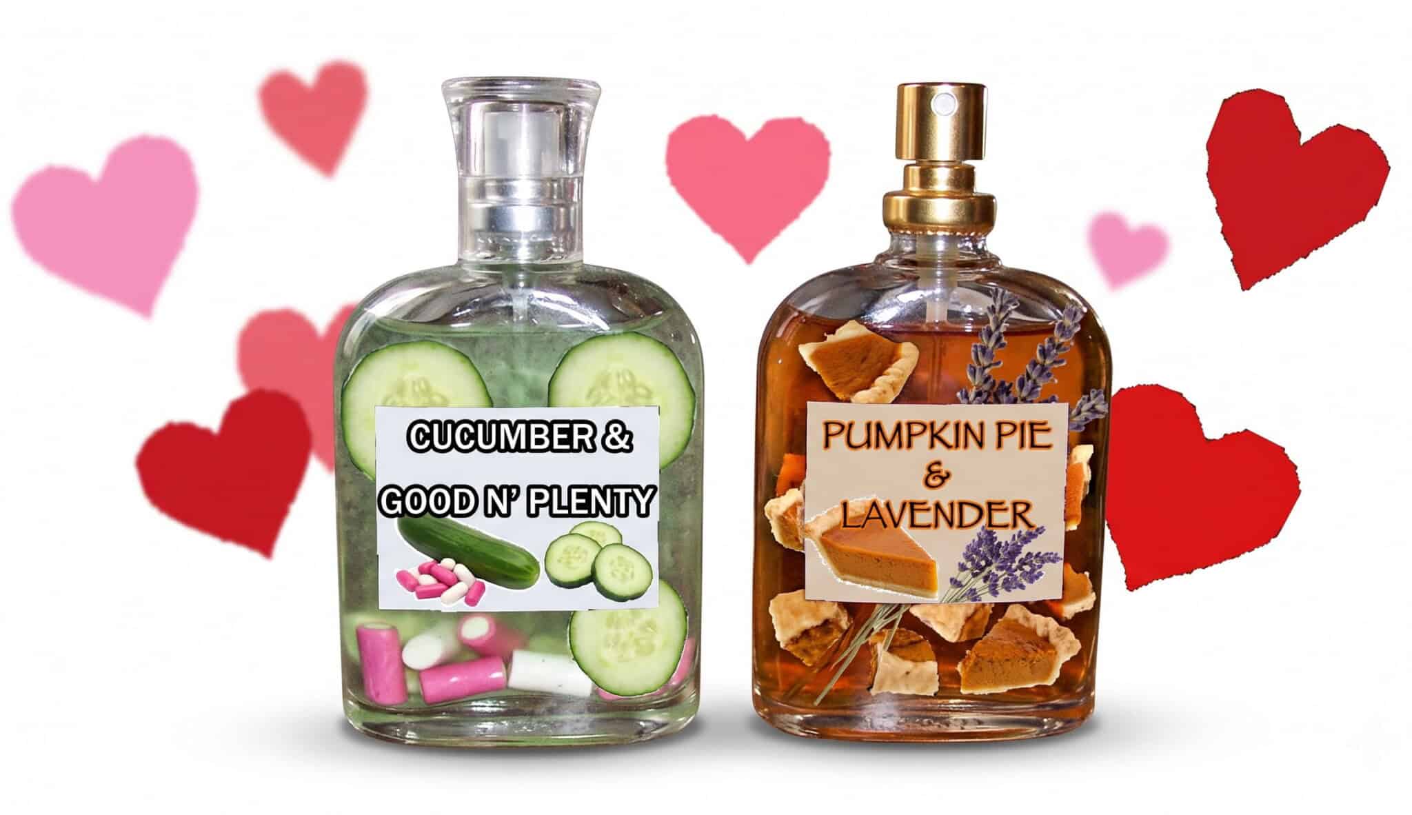 Two perfume bottles labeled Cucumber & Good N Plenty and Pumpkin Pie & Lavender with ingredients shown inside. Red and pink hearts are in the background.