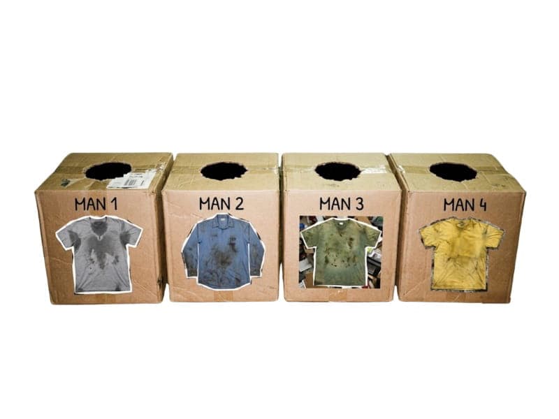 Four cardboard boxes, each labeled Man 1, Man 2, Man 3, and Man 4, display a photo of a stained shirt on the front. Each box has a hole at the top. The background is white.