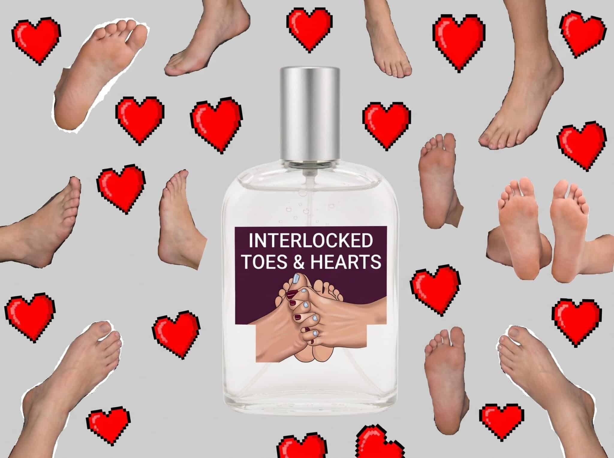Perfume bottle labeled Interlocked Toes & Hearts surrounded by photos of feet and pixelated red hearts on a gray background.
