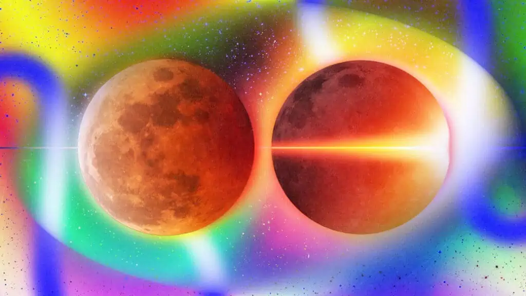 Two reddish planets or moons appear side by side against a vibrant, colorful cosmic background with swirling rainbow patterns and glowing light effects.