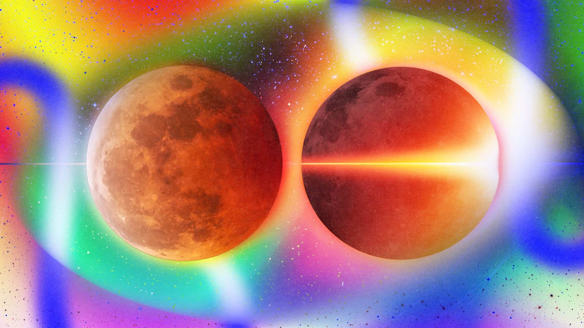 Two reddish planets or moons appear side by side against a vibrant, colorful cosmic background with swirling rainbow patterns and glowing light effects.