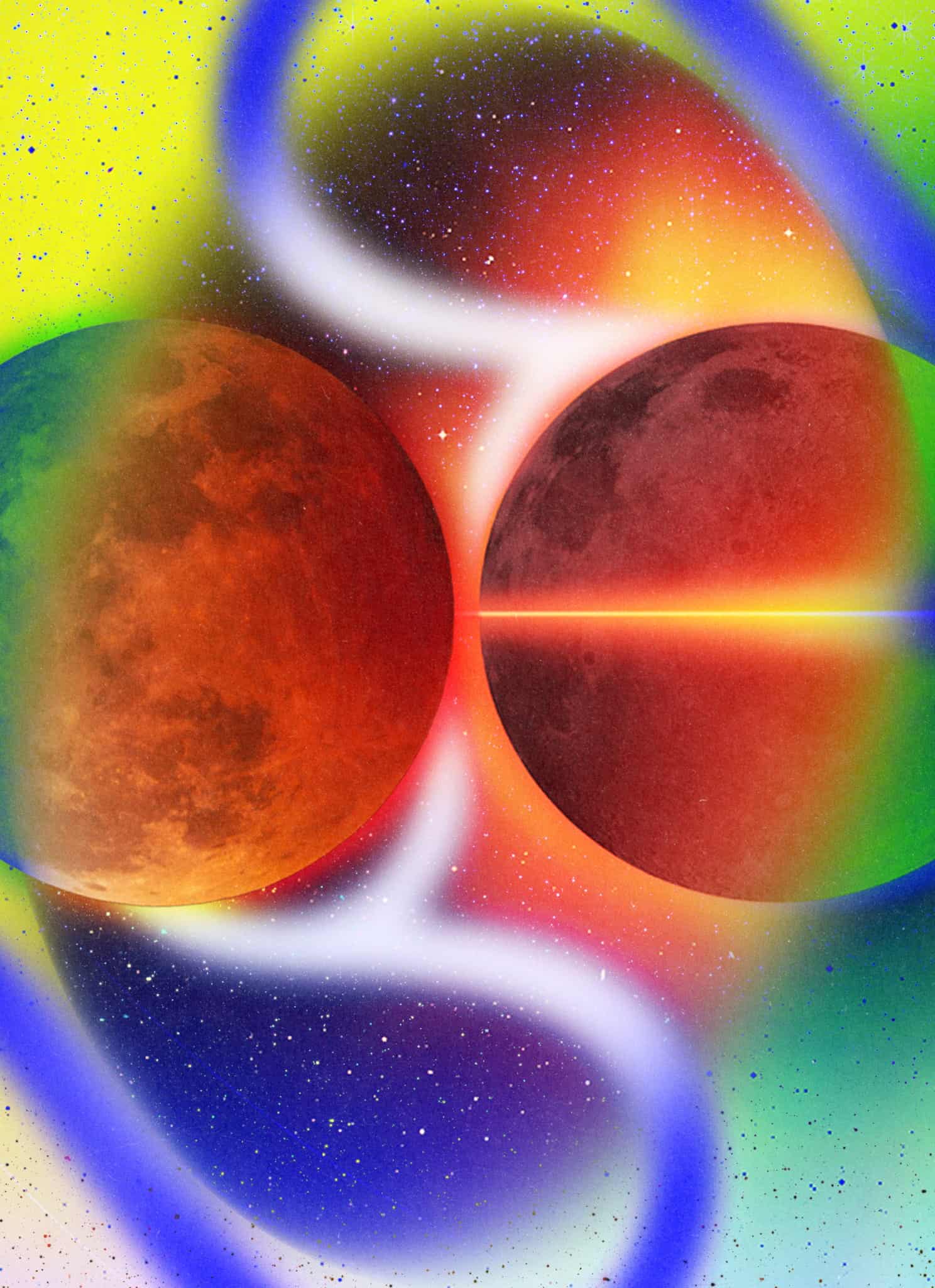 Two reddish planets or moons appear side by side against a vibrant, colorful cosmic background with swirling rainbow patterns and glowing light effects.
