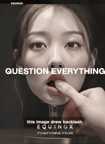 A person gazes forward with parted lips and a finger touching their lower lip, as if caught in a moment of equinox-like balance between curiosity and contemplation. The words QUESTION EVERYTHING are written across the image.